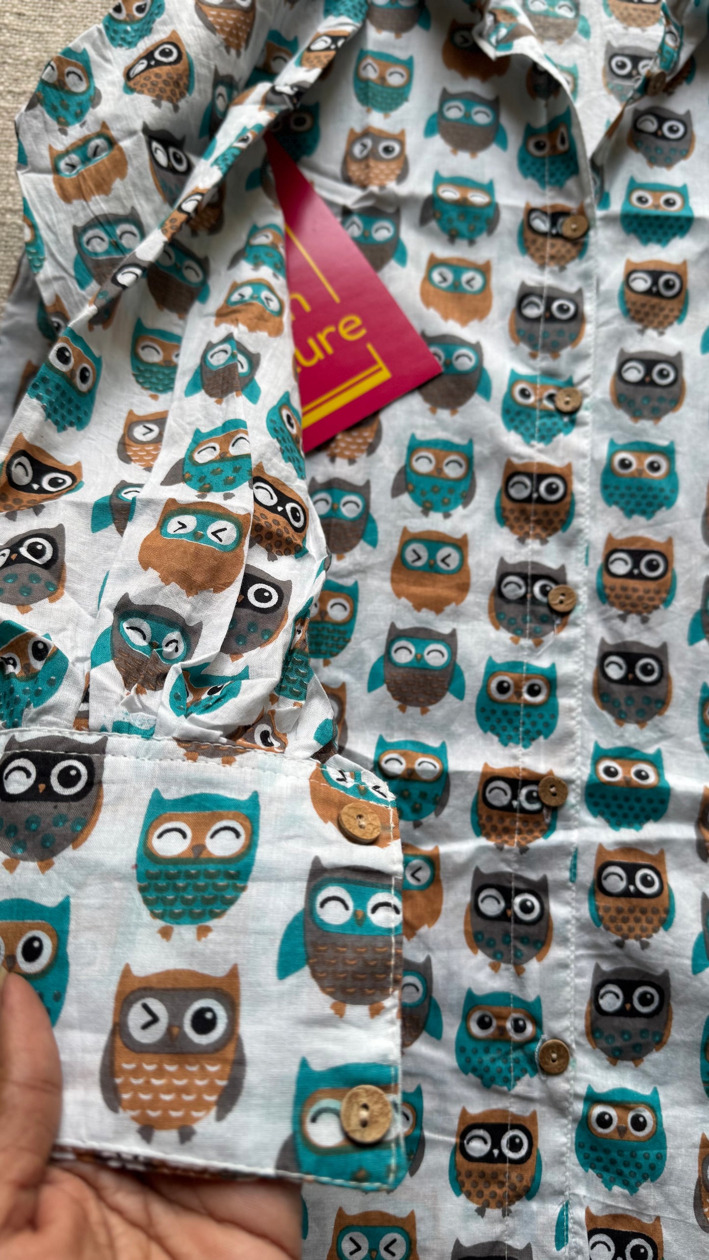 Owl Party - blockprinted cotton stitched shirt, collared neck, full sleeves - YCSEBPSJA210