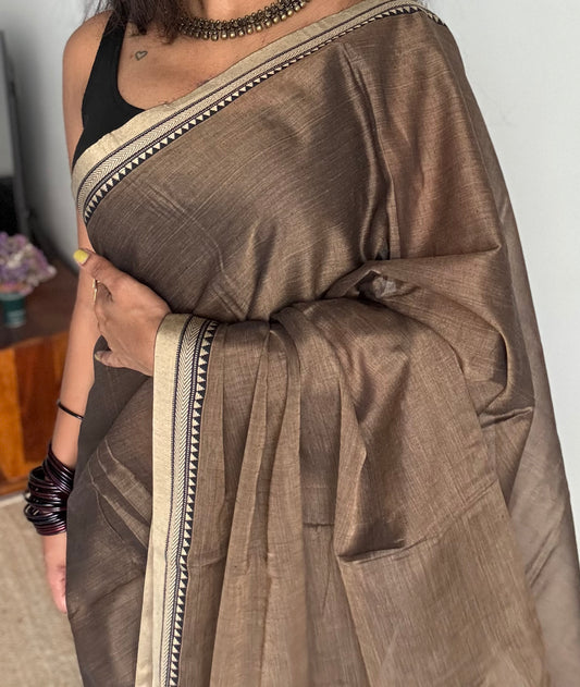 Warm grey with cream border narayanpet saree, soft cotton - YCWOTDNPFE33