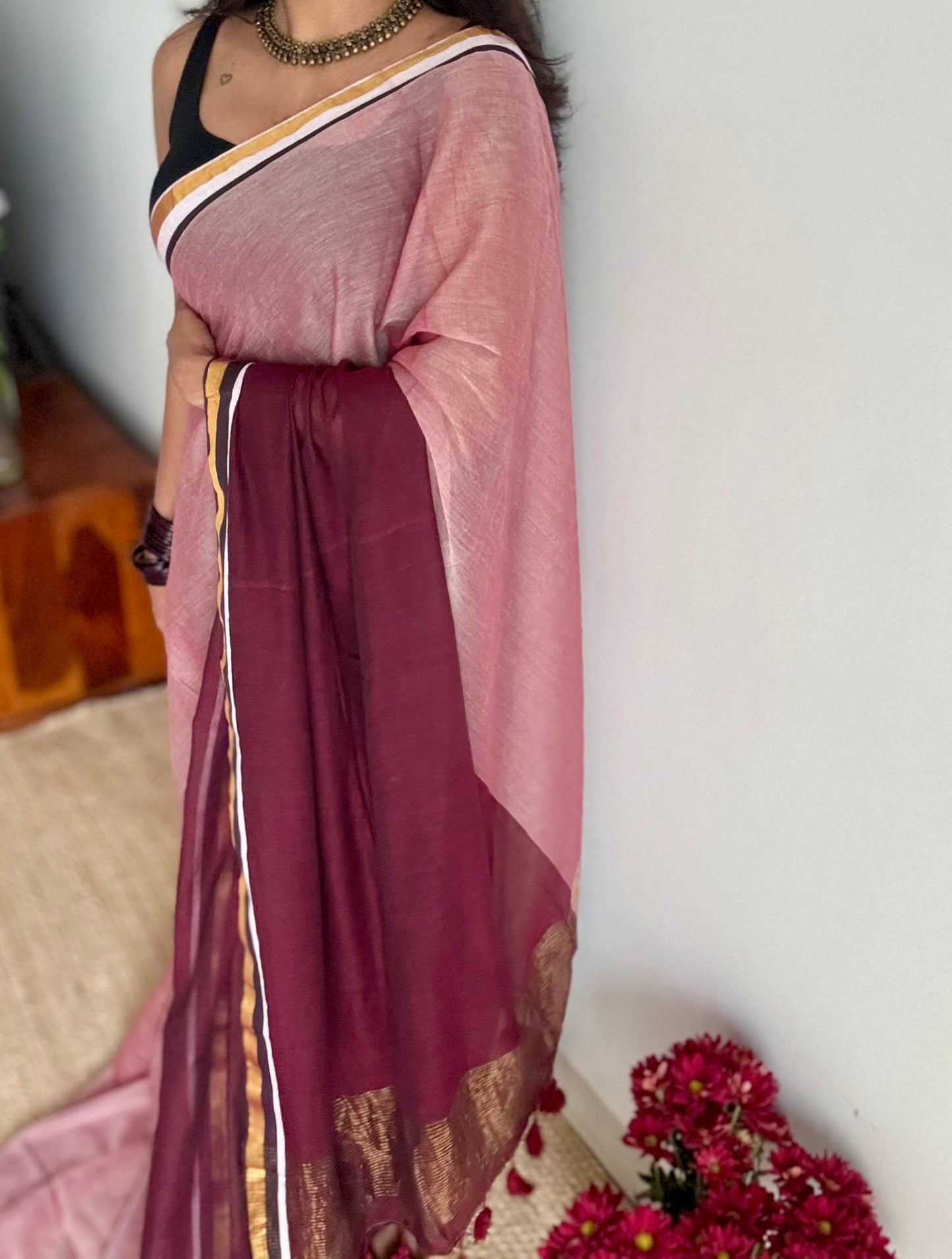 Light and dark maroon mul, thin antique gold zari - YCBCMCLSE29