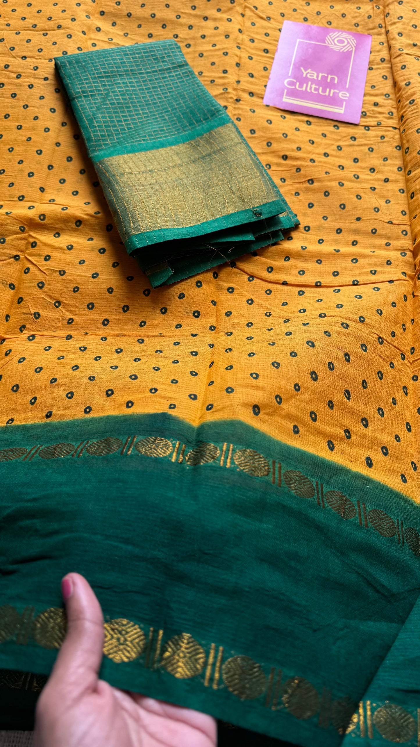 Yellow with green, sungudi motif and rudraksham border, madurai soft cotton - YCCOTNAUSC06