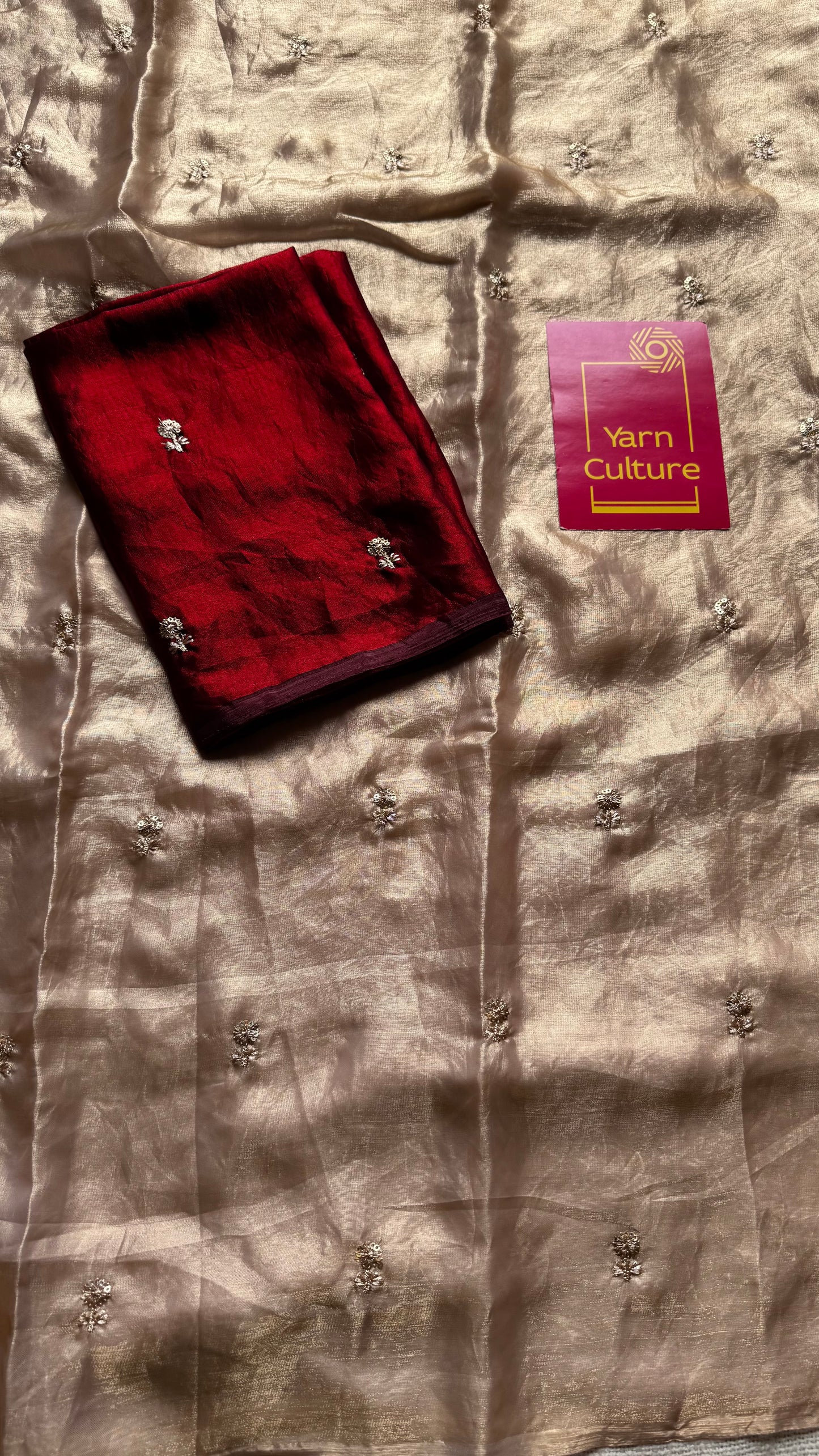 Light gold with a hint of pink, fendy satin with sequin work, contrast maroon blouse - YCDOSFE12