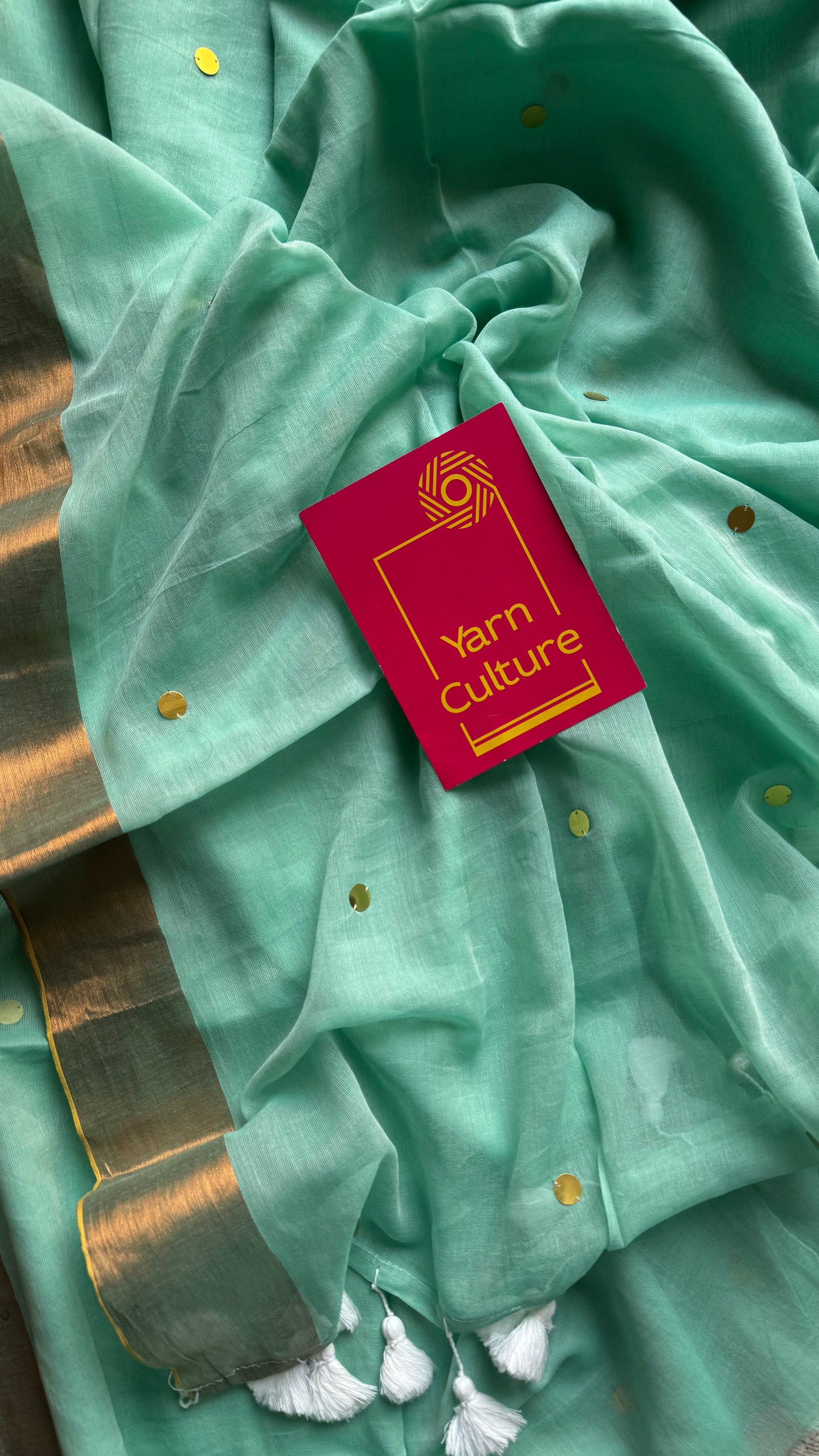 Pastel sea green mul with gini sequins and copper zari border - YCBCMCNO61