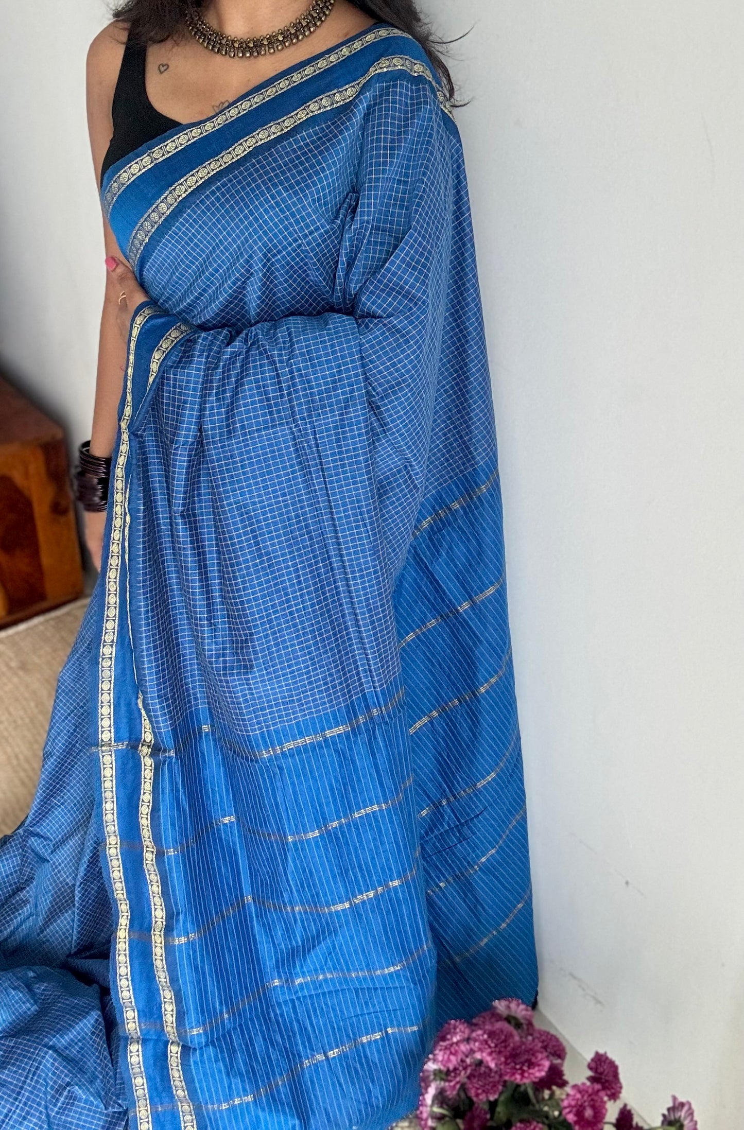 Peacock blue, arani checks, cotton silk - YCCOTNJUAR13