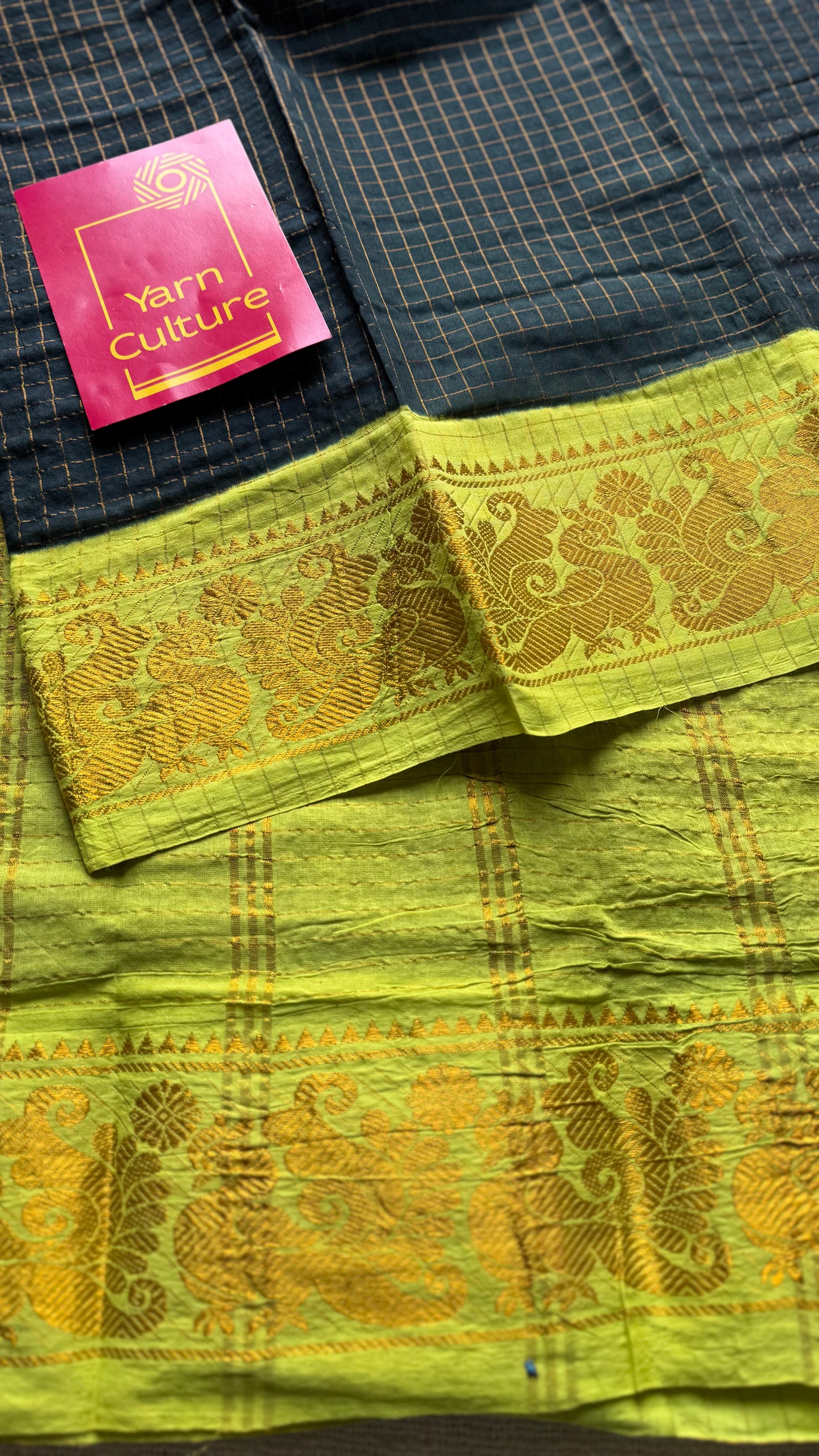 Black with lime green checkered sungudi, madurai cotton - YCCOTNSUDE44