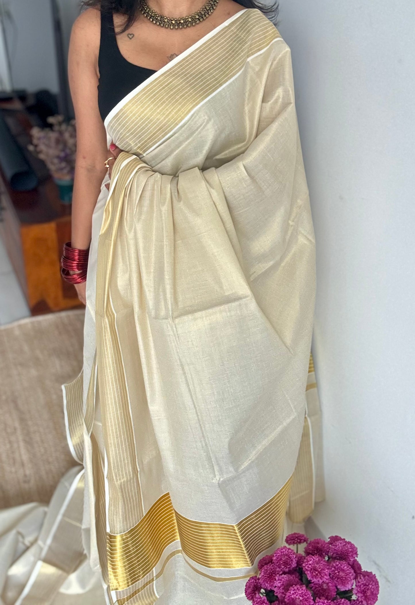 Ivory and gold tissue with striped border, kerala soft cotton - YCON25MC271