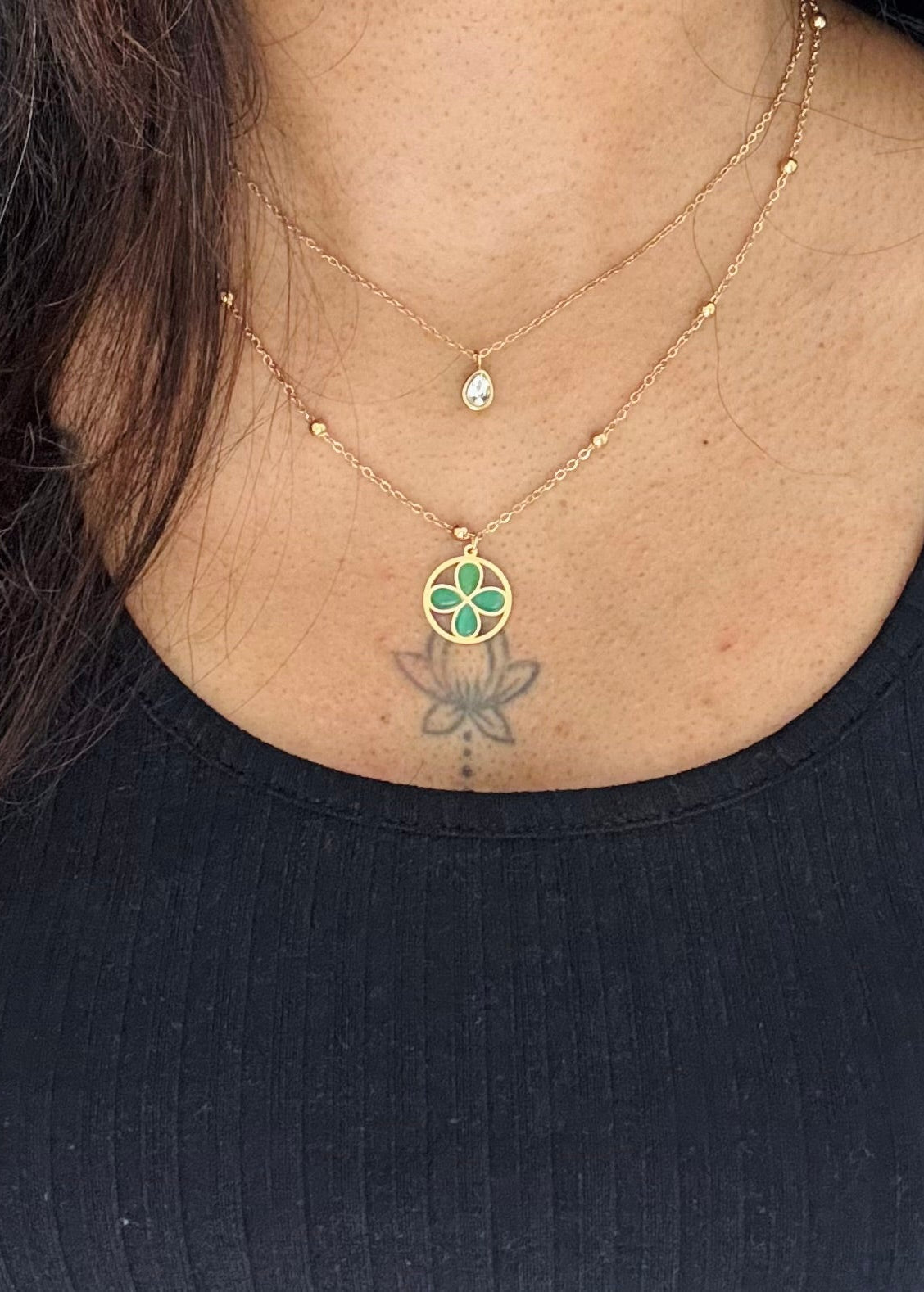 Gold plated double layered chain, green stone floral pendant