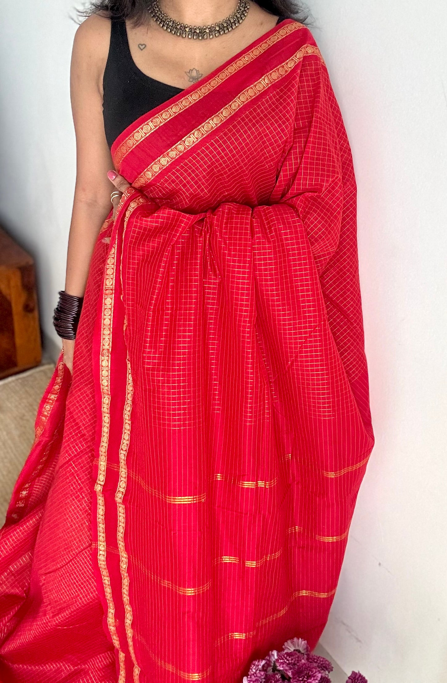 Chilli Red, arani zari checks, cotton silk - YCCOTNJUAR18