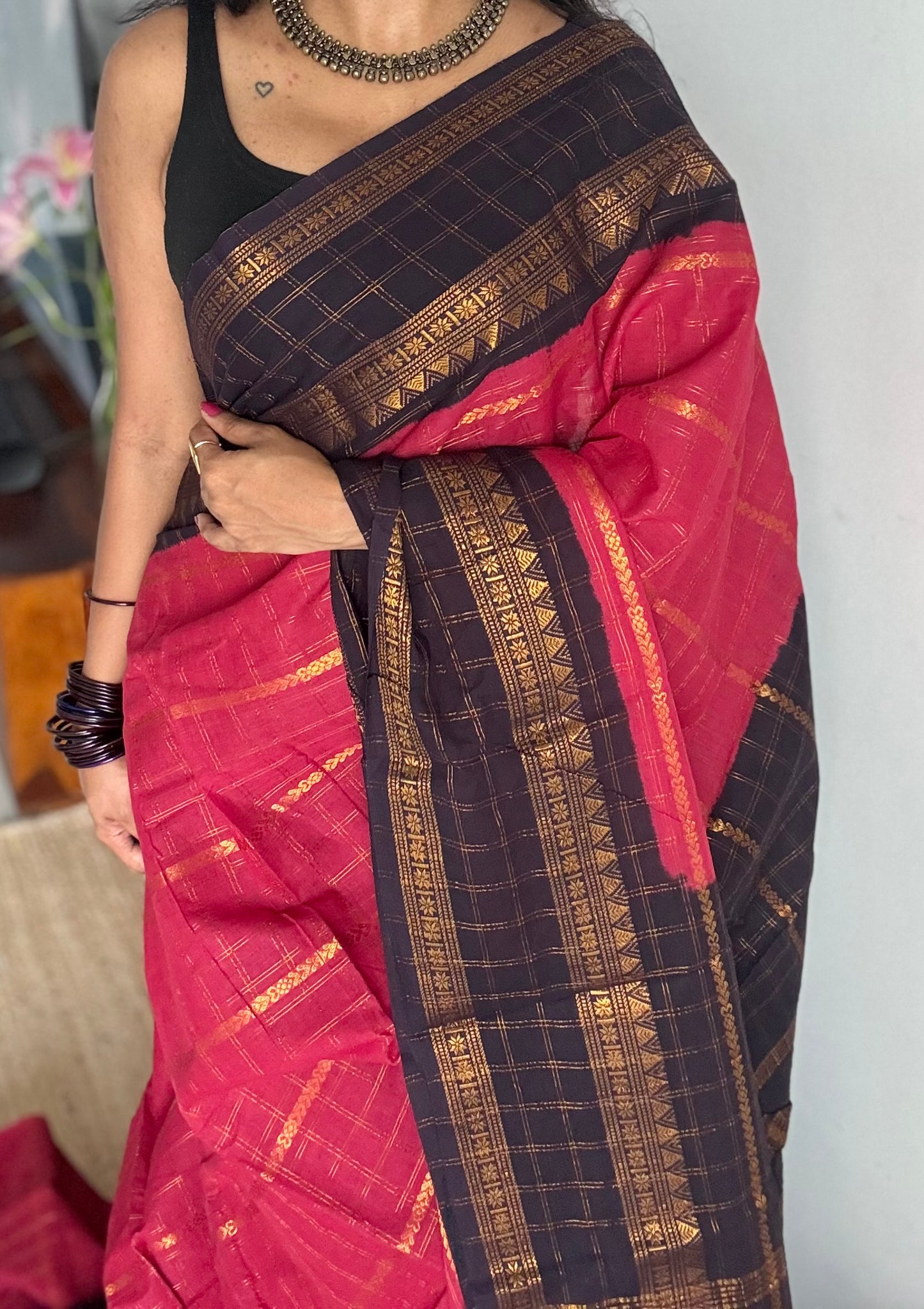 Pinkish red with dark blue, Adayar checks with velthaari pattern, madurai cotton - YCCOTNOCSC05