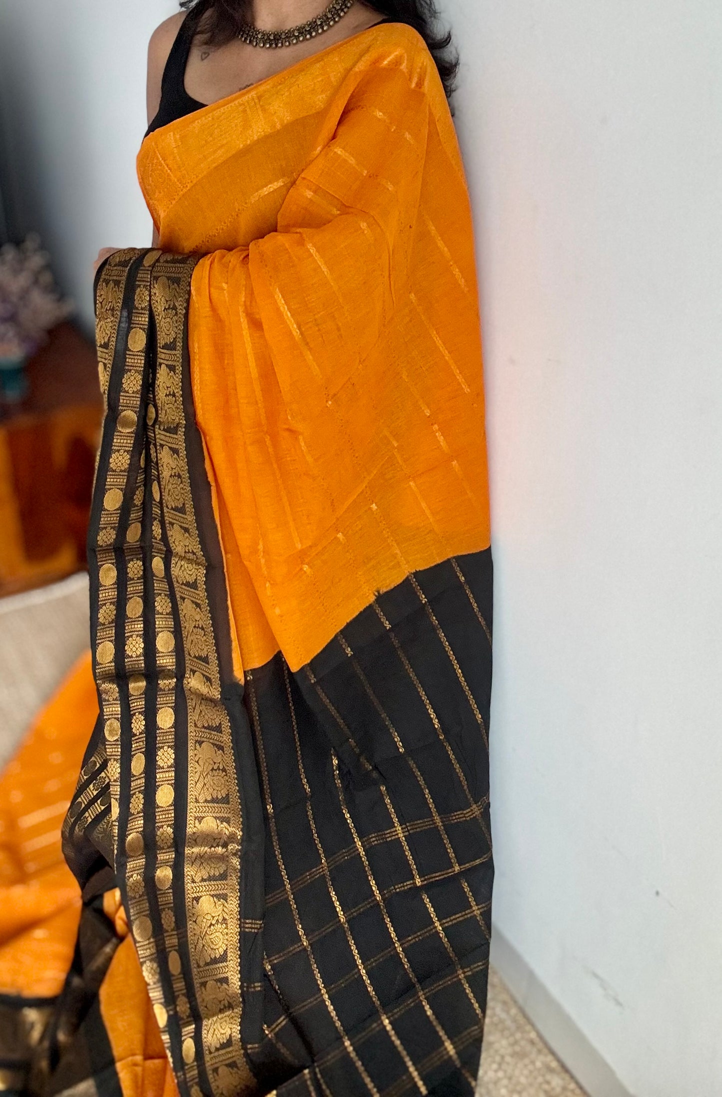 Turmeric yellow (towards orange) with black, peacock rudraksham motif, single side broad zari - madurai kattuchayam dyed - YCCOTNAURS16