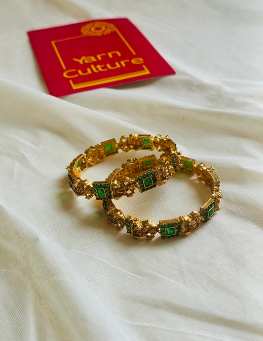 Green stone Lakshmi bangles set of 2, sizes 2.4, 2.6 - YCGPBA820