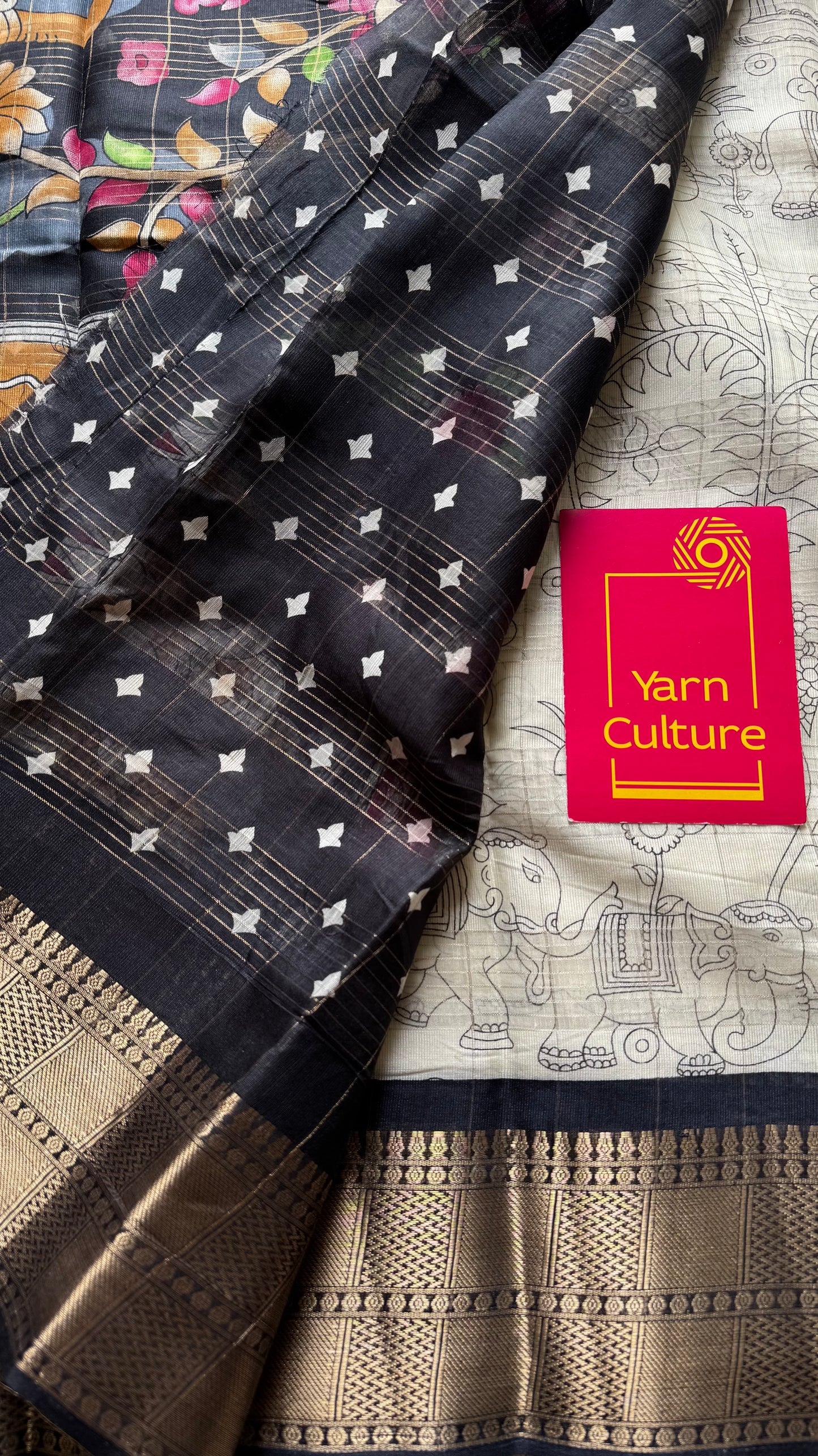 Off white and black, printed kalamkari, semi-tussar - YCWOTDSTK08