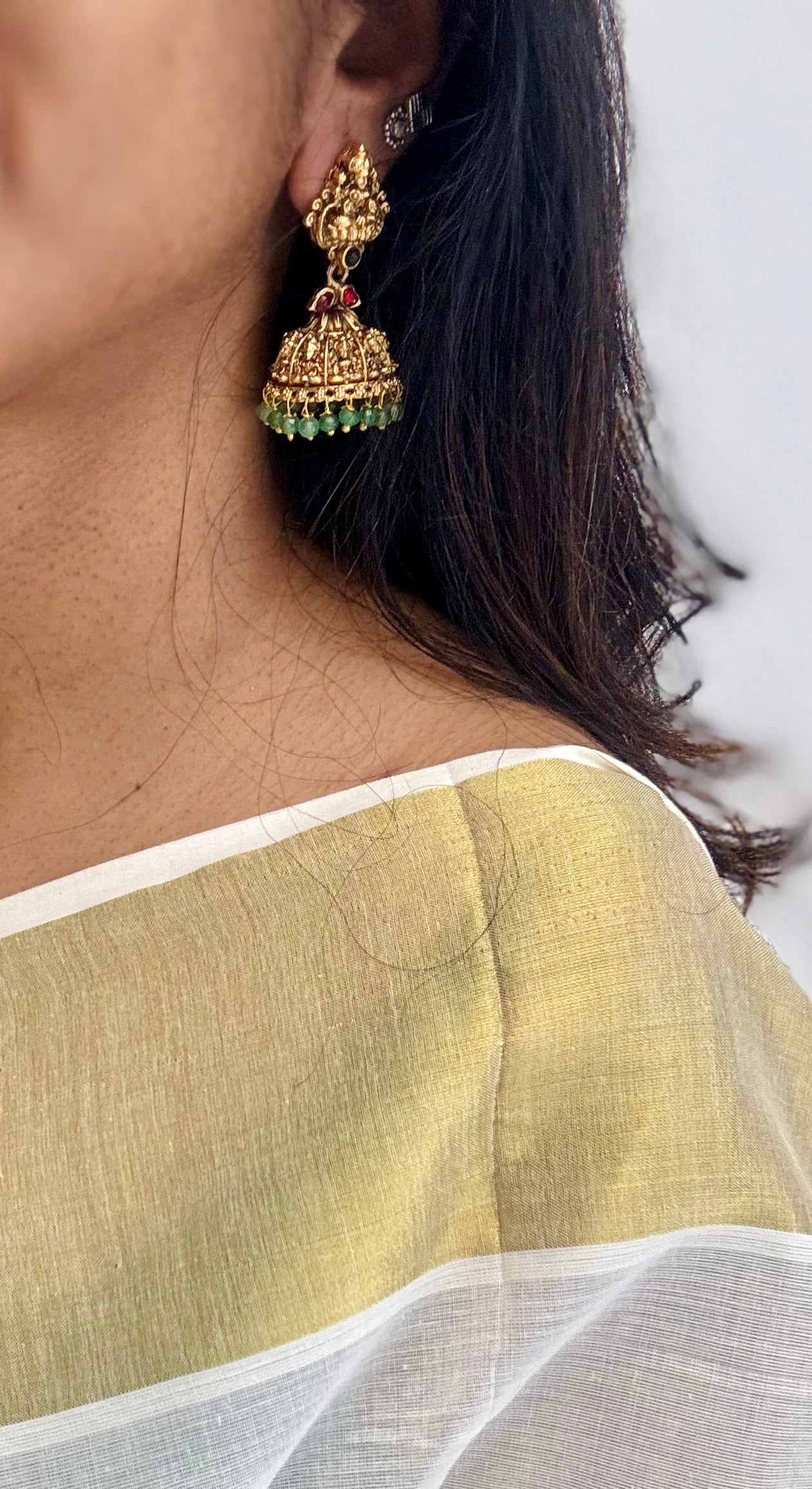 Jhumka with mint beads and red stone, antique gold - YCAGJK83