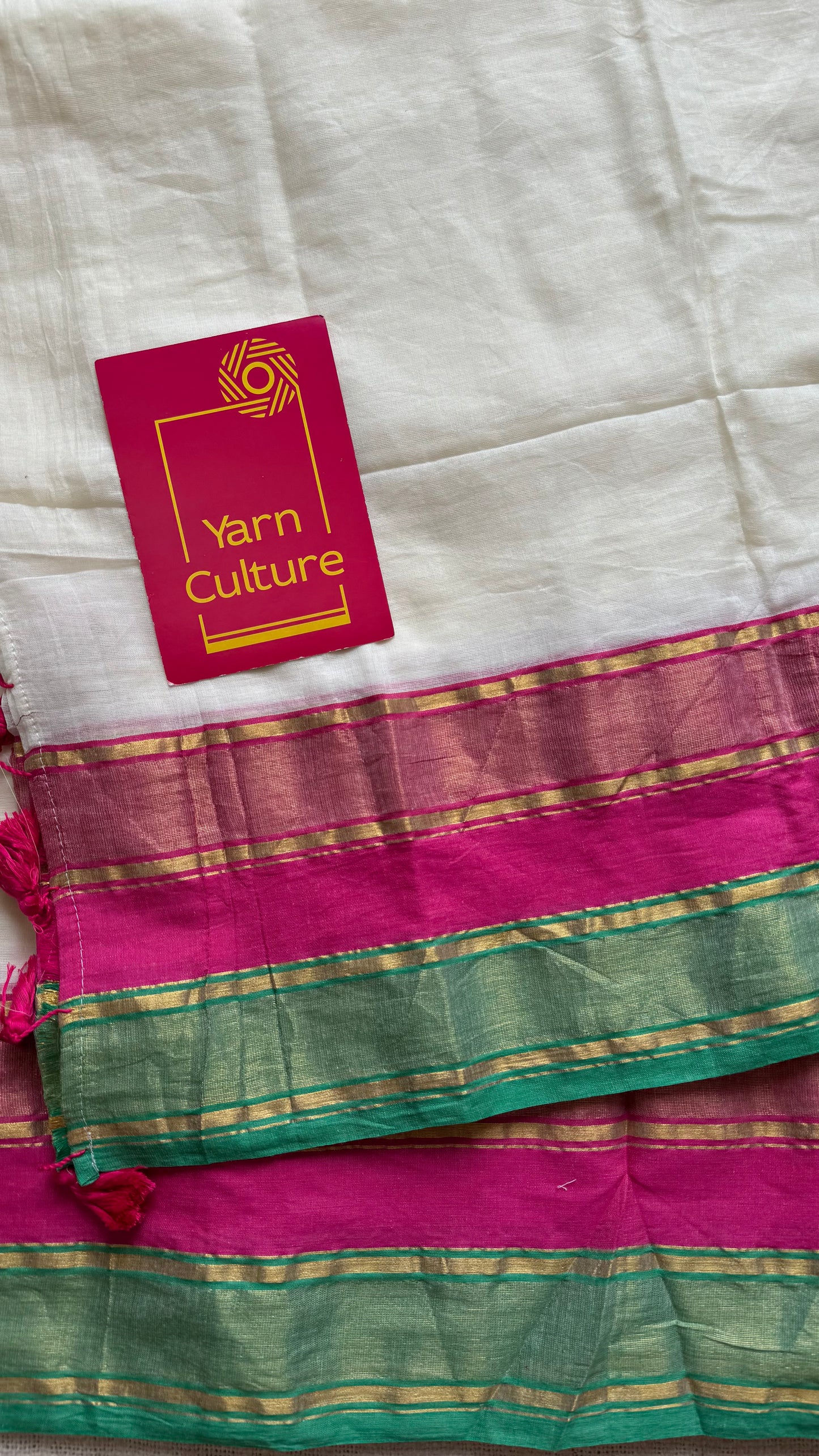 White mul with hot pink, green zari plain border - YCBCMCLSE50