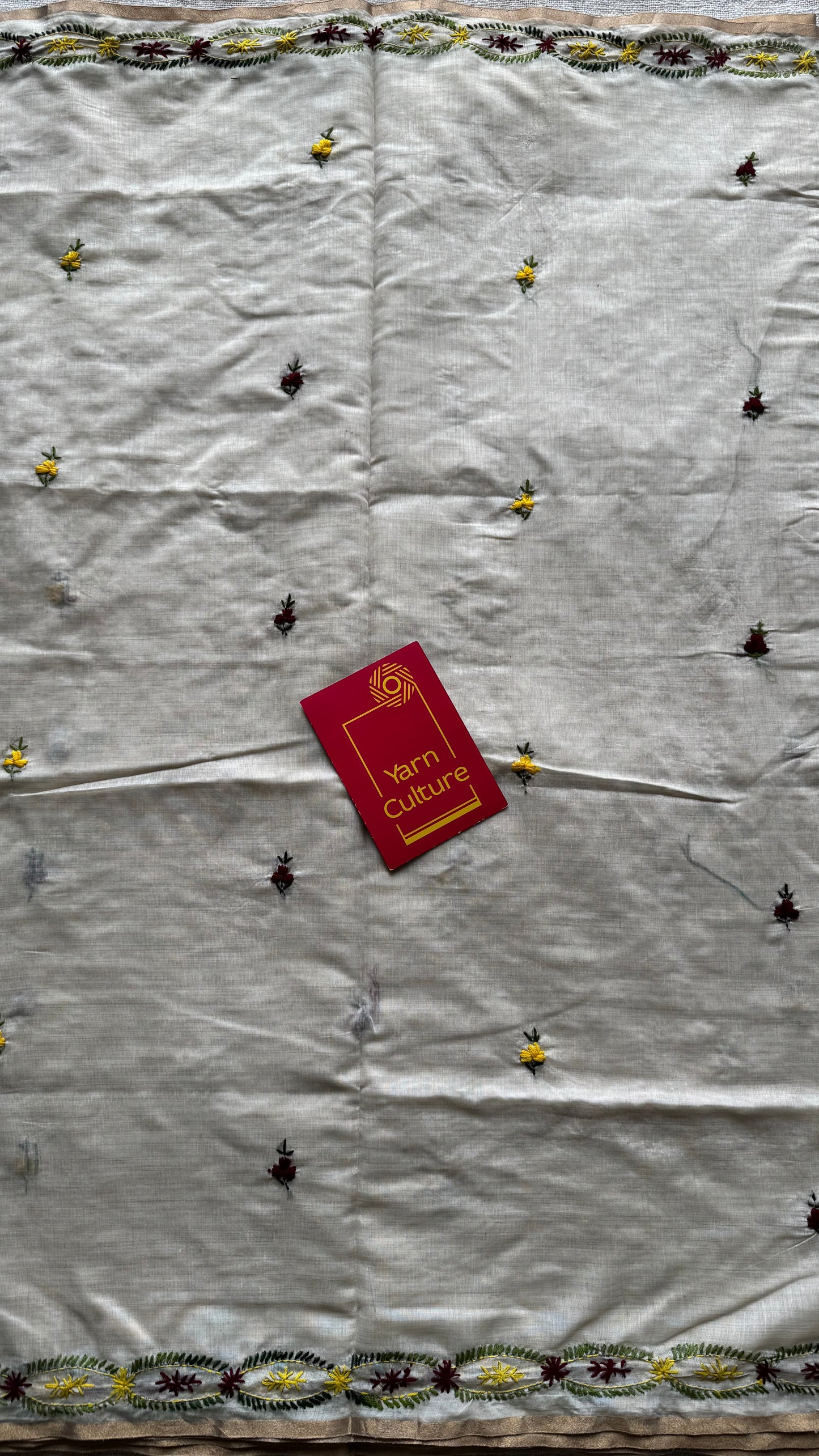 Ivory maheshwari cotton silk blend with deep maroon and light yellow floral kantha threadwork - YCBLJULMK06