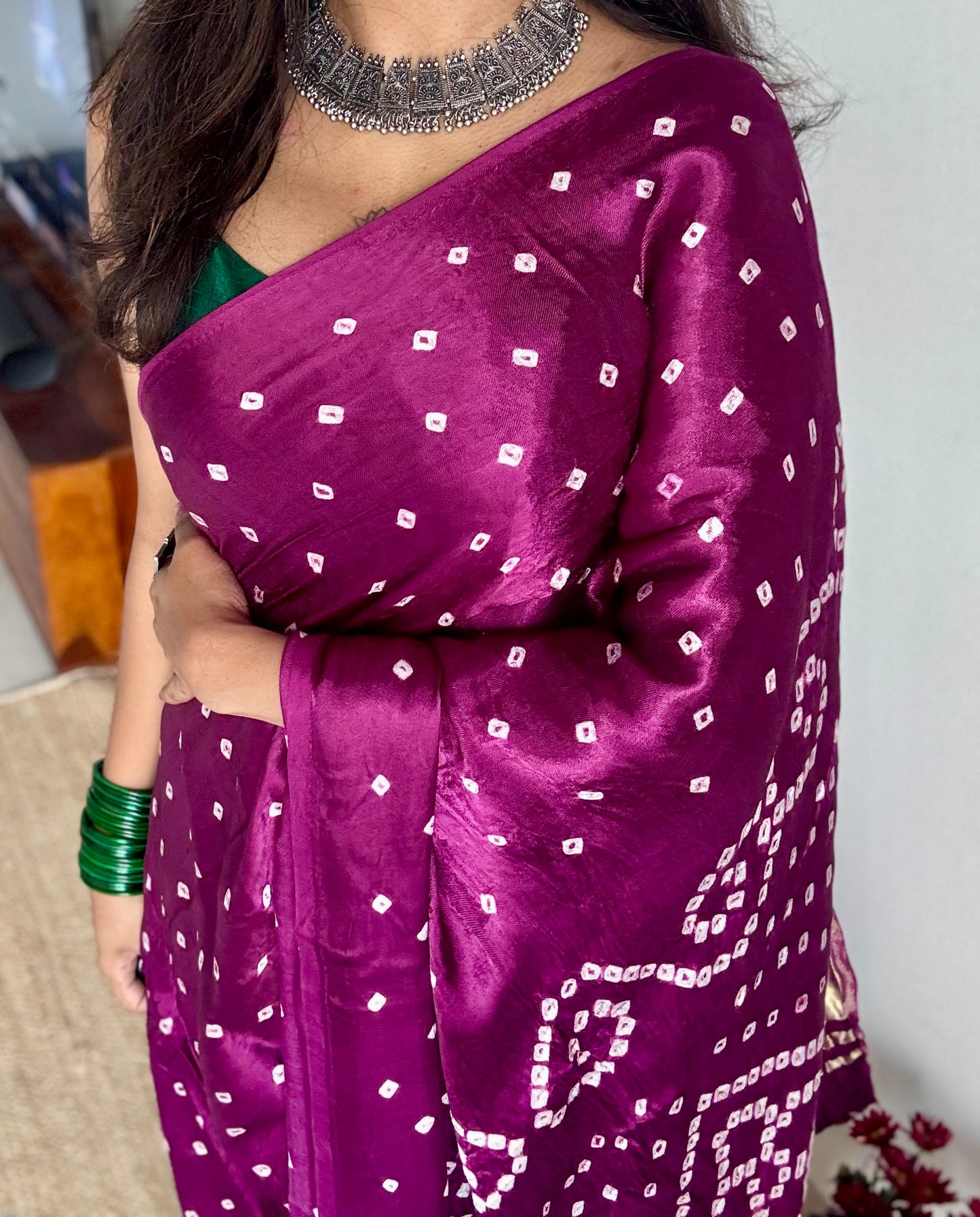 Wine crushed bandhani modal silk with lagdi patta (zari pallu) - YCDESE29