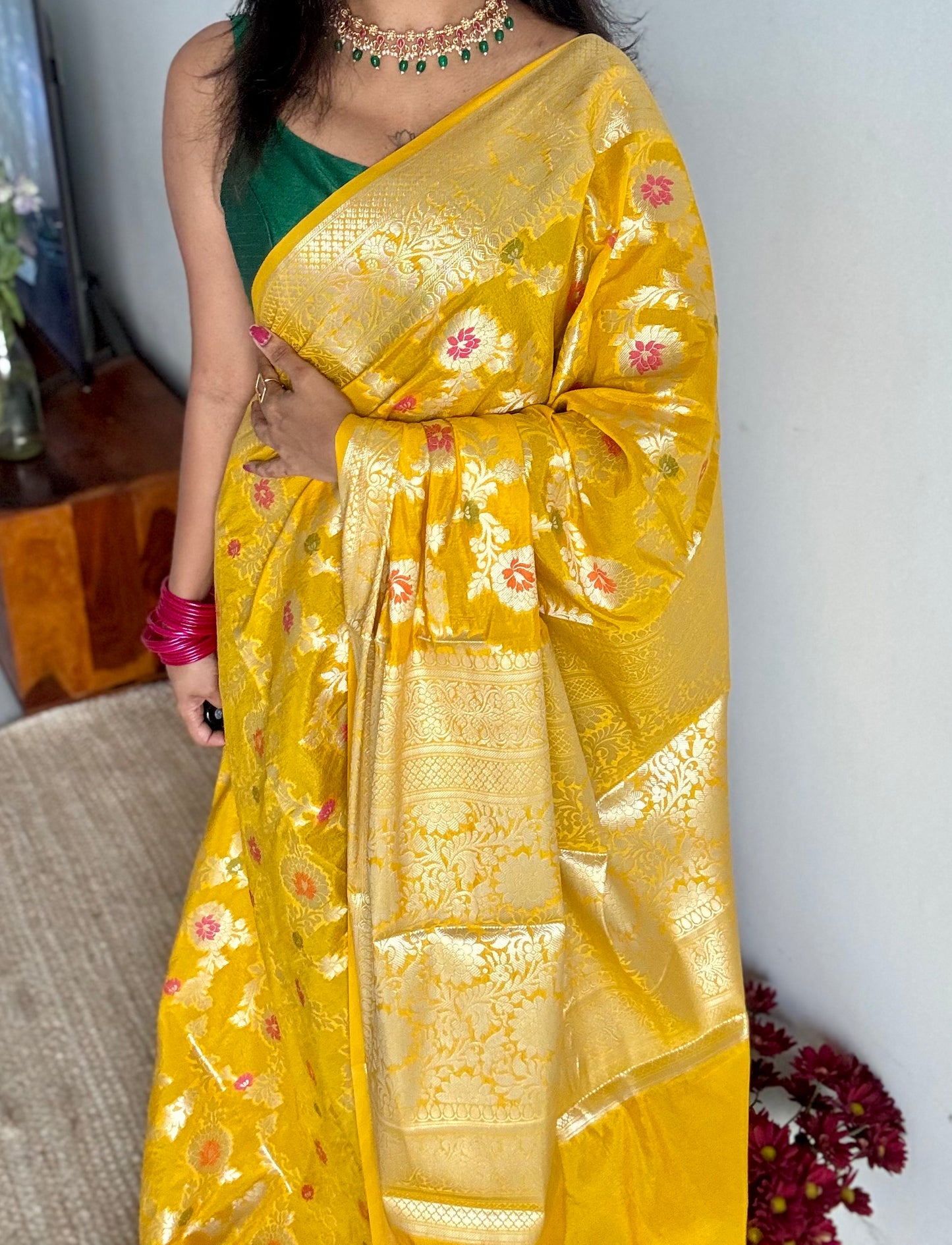 Yellow meenakari floral pattern in silver zari, Banarasi katan dupion silk - YCDESE11