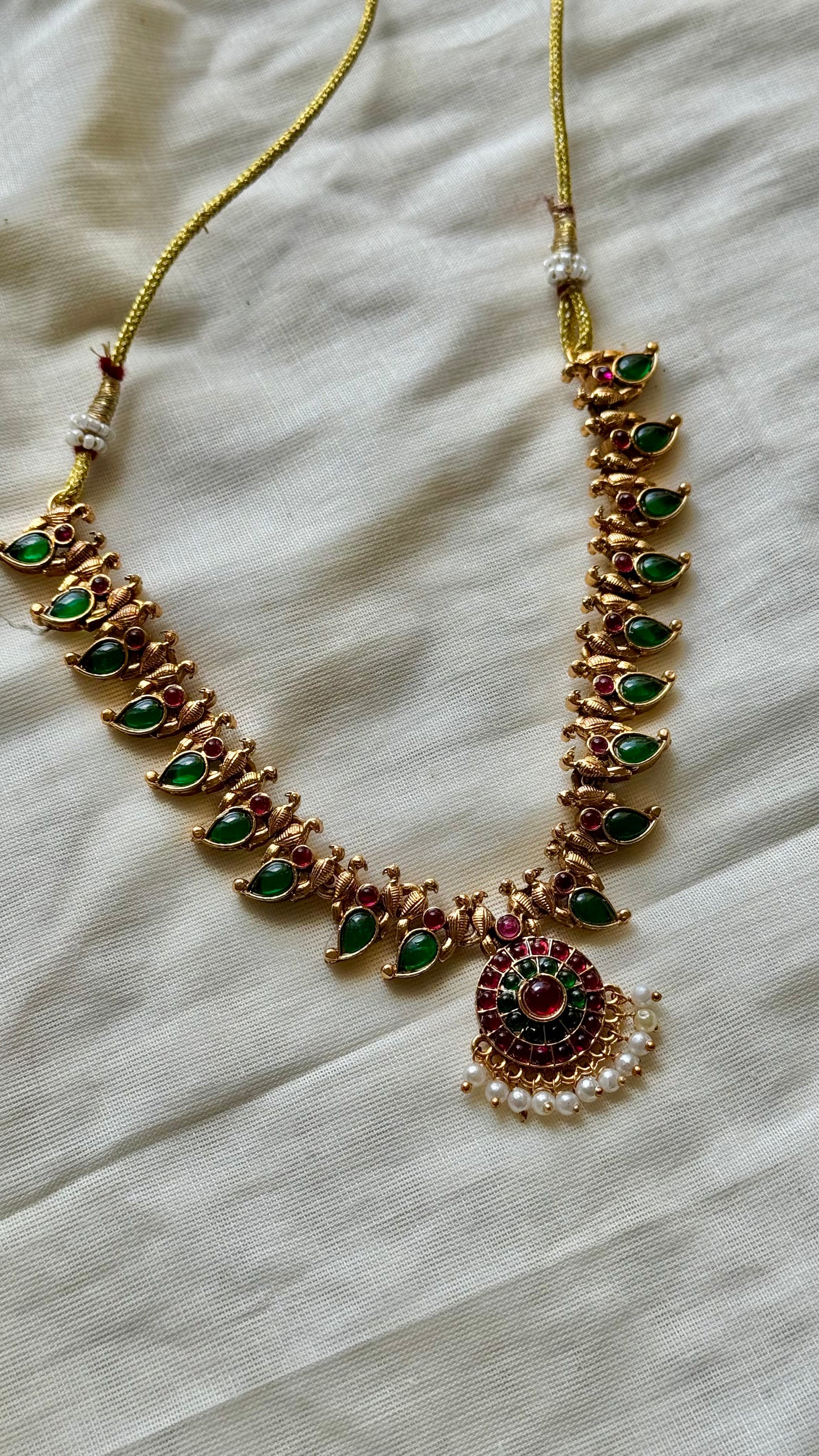Antique gold palakka type, ruby and green stones with earrings - YCAGNP267