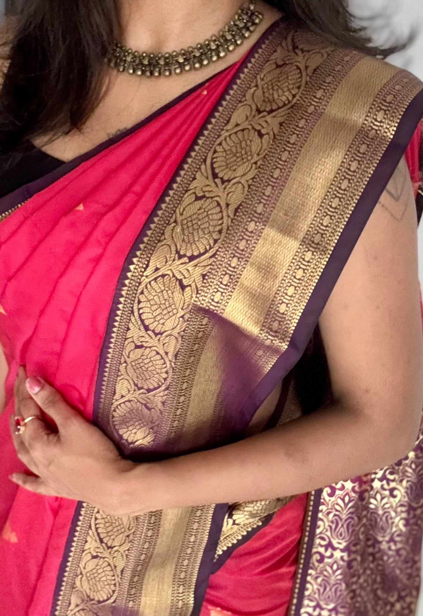 Vamika - rani pink with deep grape purple, handloom korvai semi silk - YCCOTNFEJUKS05