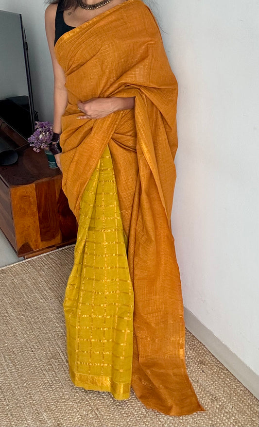 Turmeric yellow with light green, sungudi cotton half-half saree - YCCOTNMSFE368