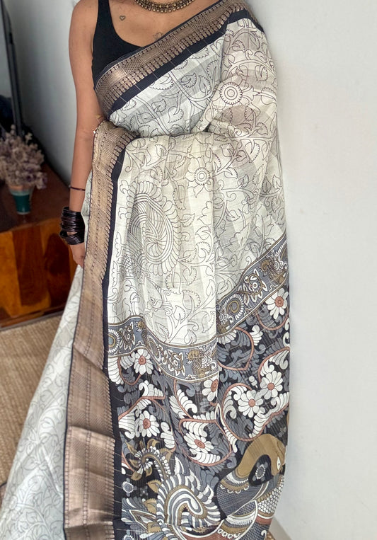 Off white and black, printed kalamkari, semi-tussar - YCWOTDSTK07