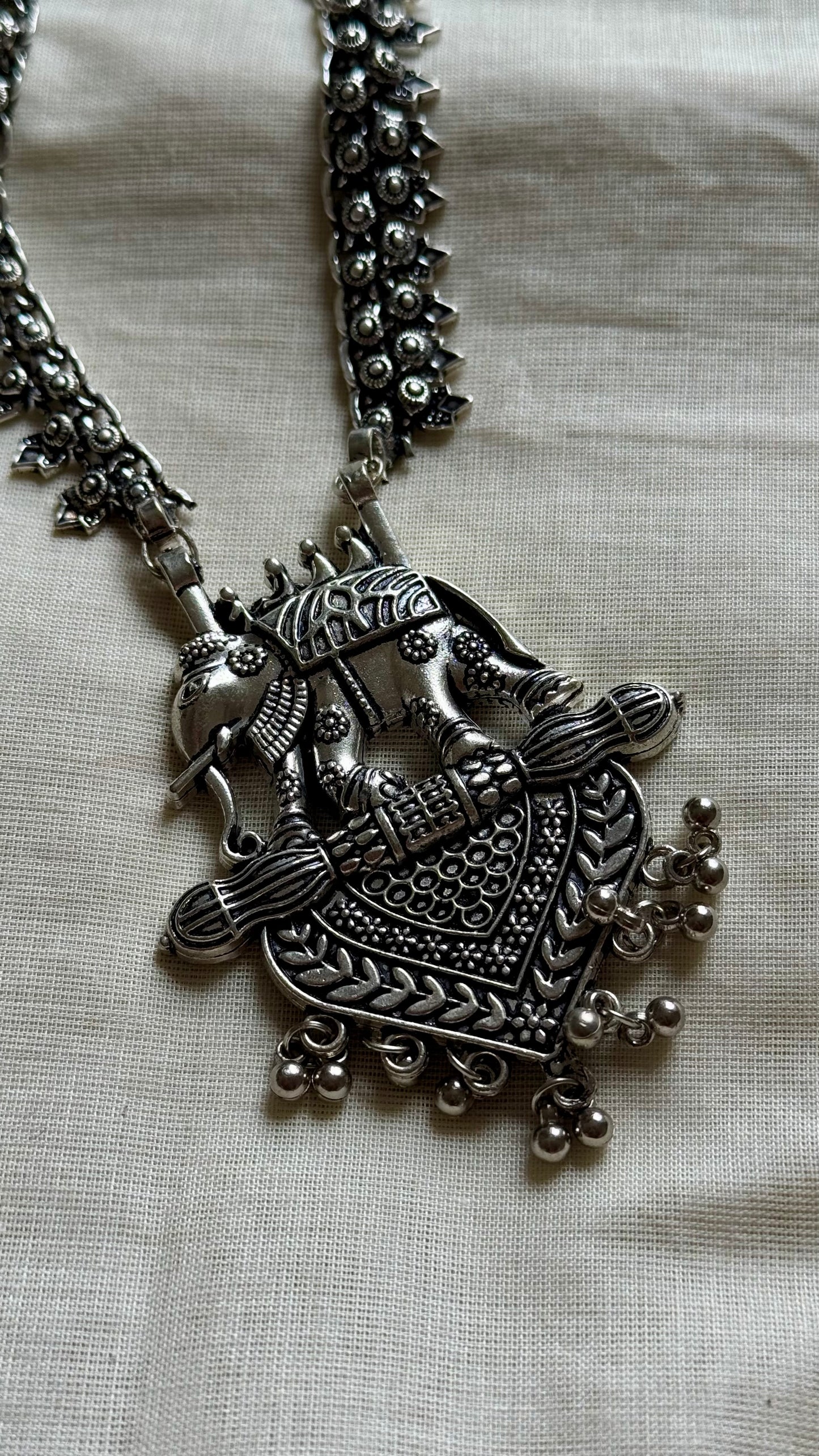 Long neckpiece with elephant pendant, oxidised silver - YCOSNP440a