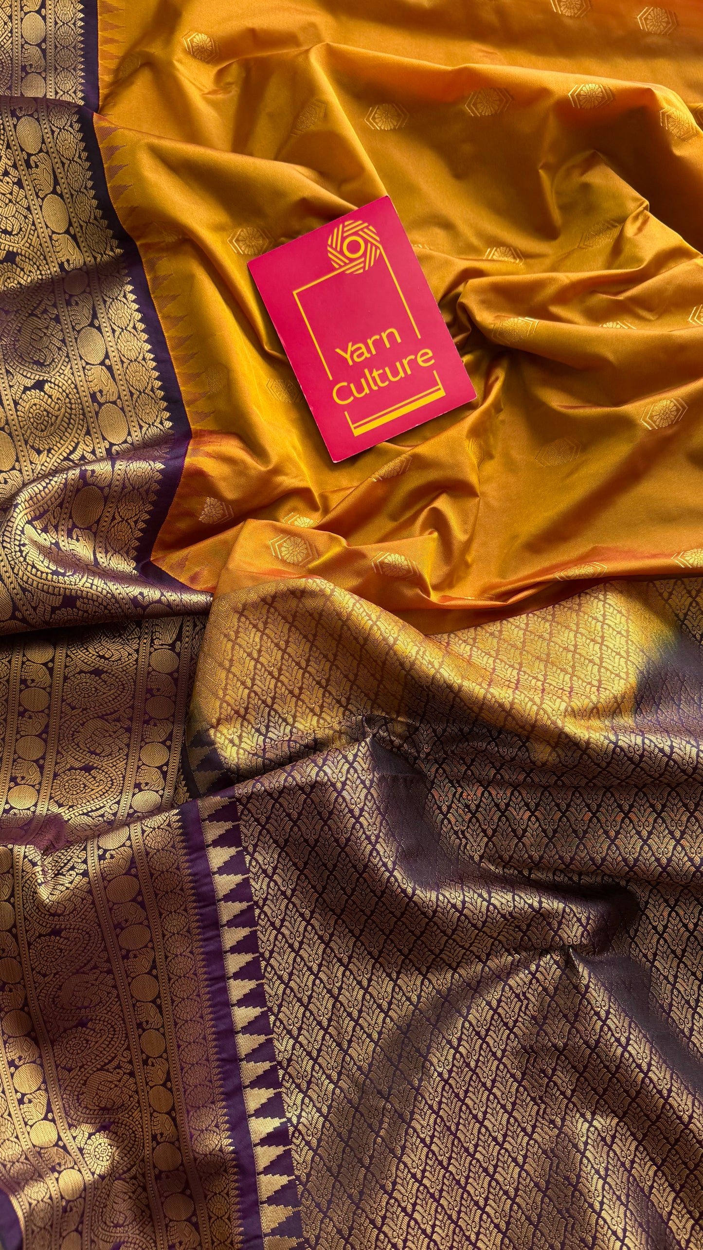 Vaidhi - mustard with deep purple, handloom korvai semi silk - YCCOTNFEJUKS02
