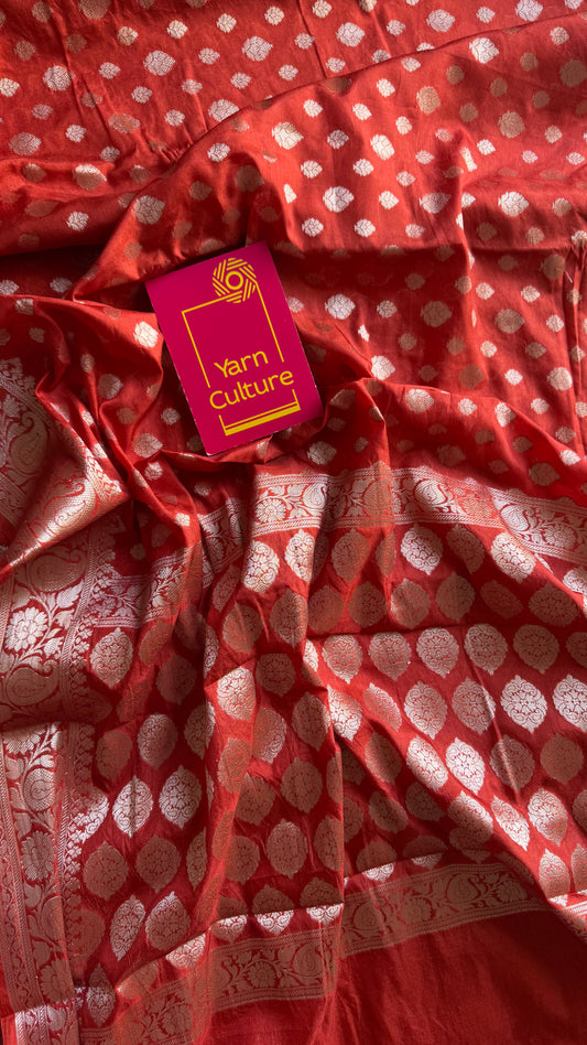 Burnt red, silver buttas and zari, Banarasi semi-silk - YCDESE36
