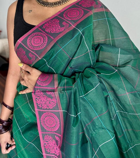 Chettinad cotton saree in dark green with pink checks, thread motif border - YCCOTNJUCC05