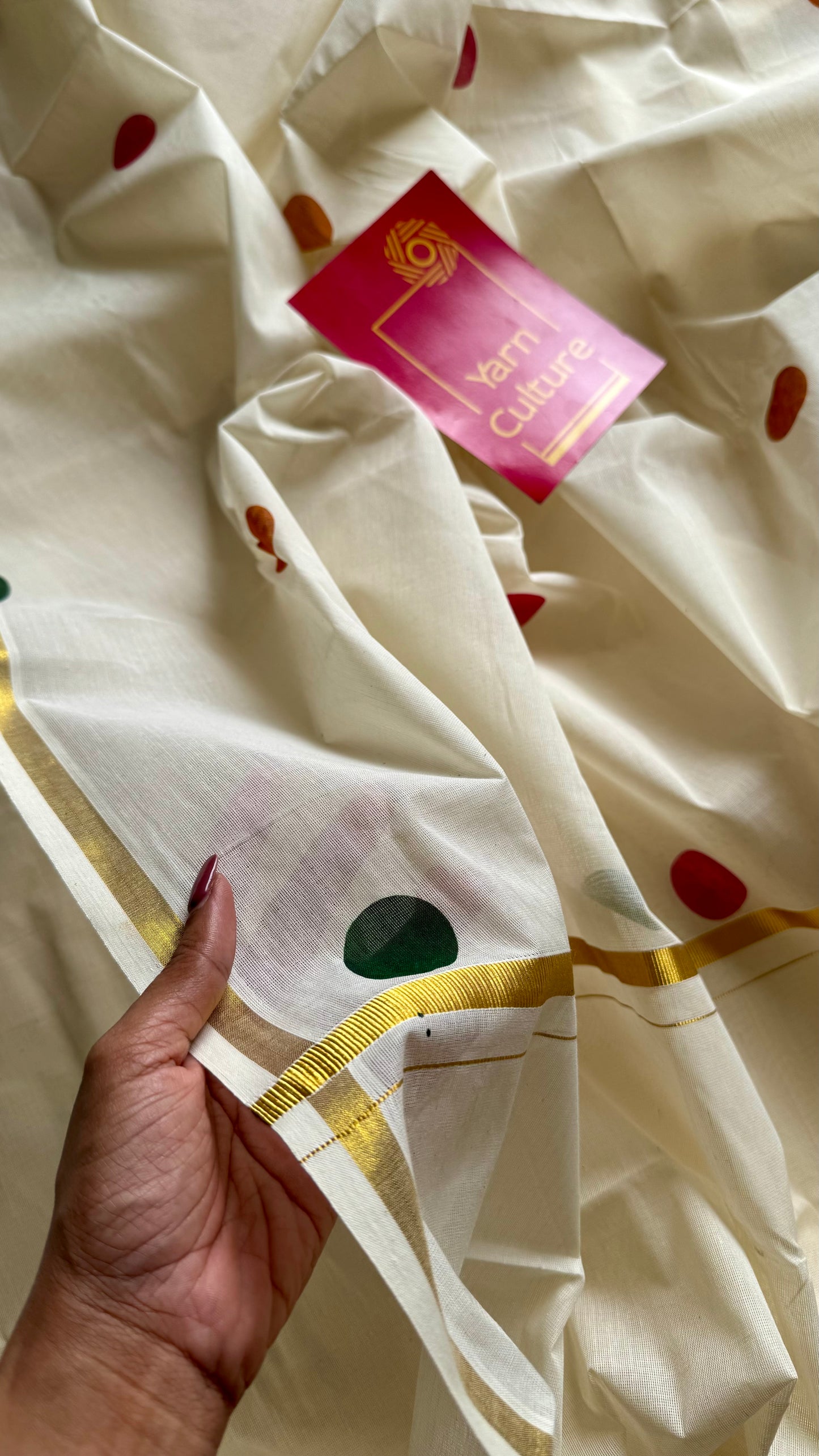 Ivory and gold soft cotton thin border kasavu saree, dark pink, mustard and green polka - YCIEON75