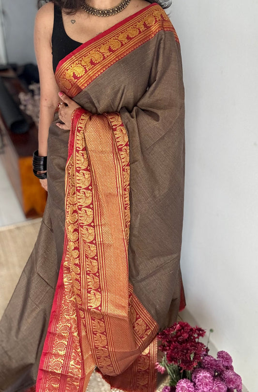 Warm grey with broad zari border, premium narayanpet, soft cotton - YCWOTDFEBB01