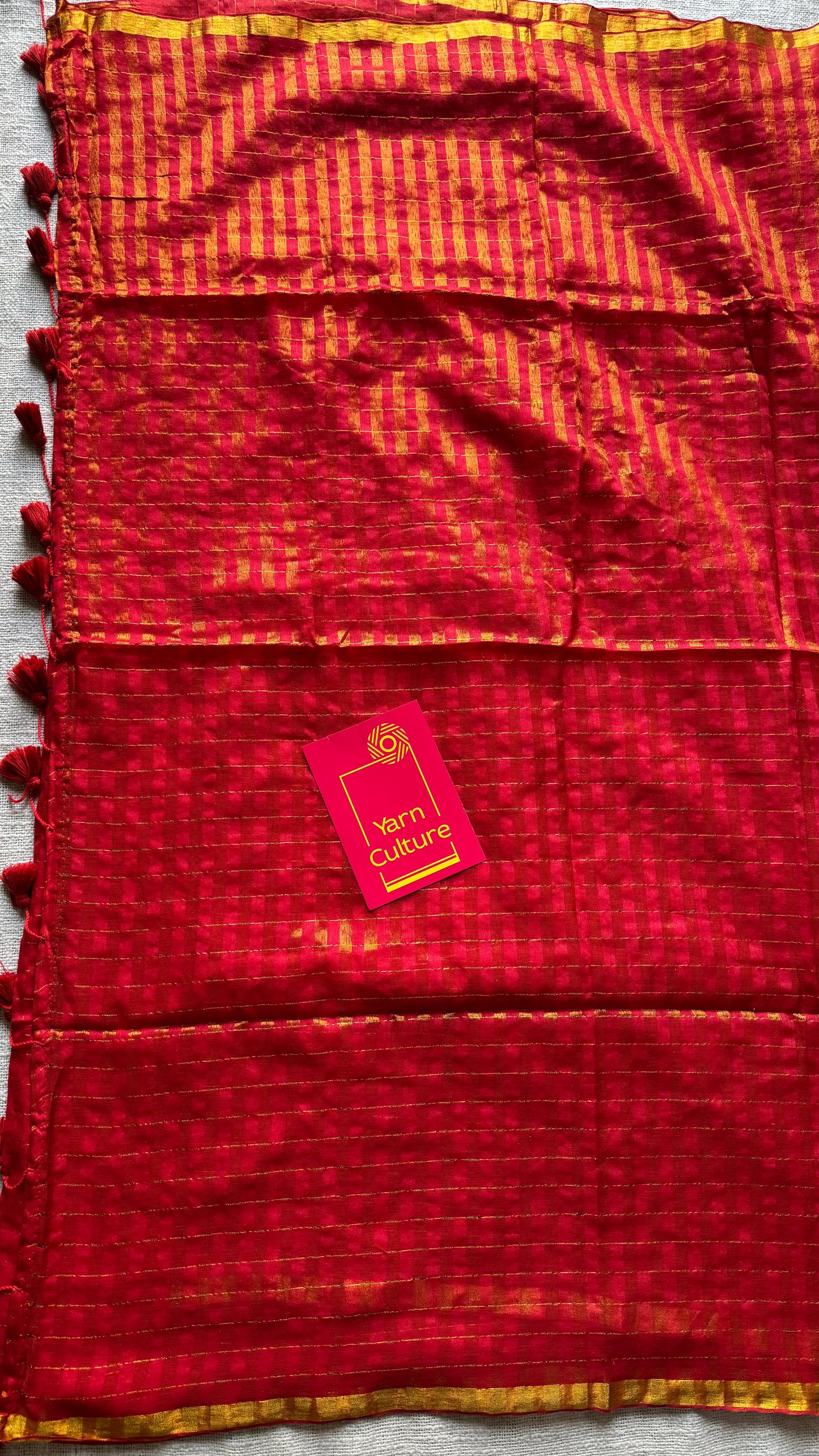 Red mul with gold checks and zari border - YCBCMCJA03