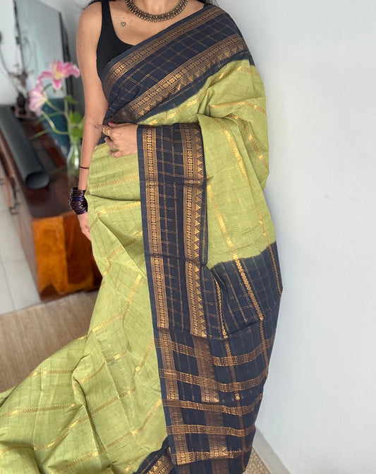 Pista green with black, Adayar checks with velthaari pattern, madurai cotton - YCCOTNOCSC08