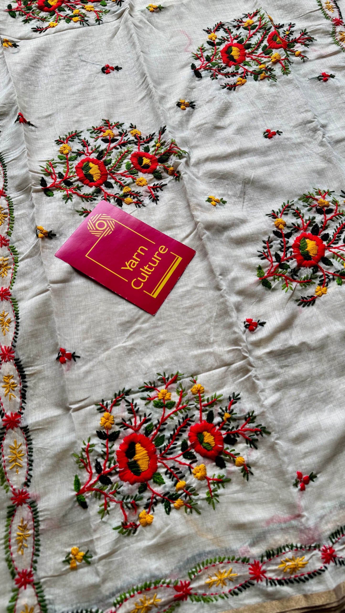 Ivory maheshwari cotton silk blend with bright red floral kantha threadwork - YCBLAUMK09