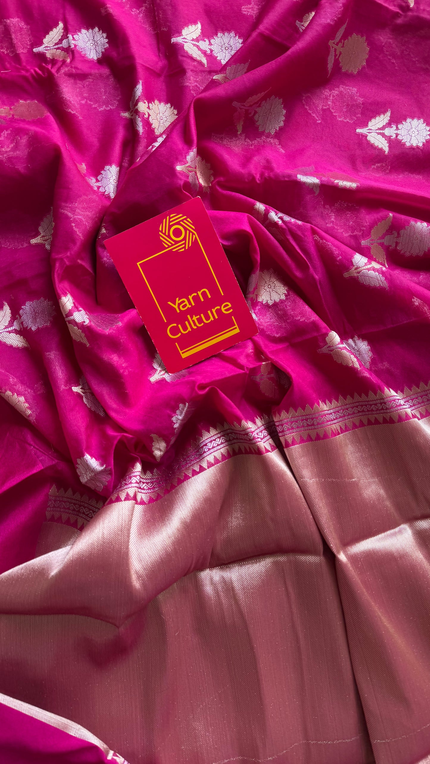 Rani pink with gold and silver floral buttas, Banarasi semi-crepe silk - YCDESE51