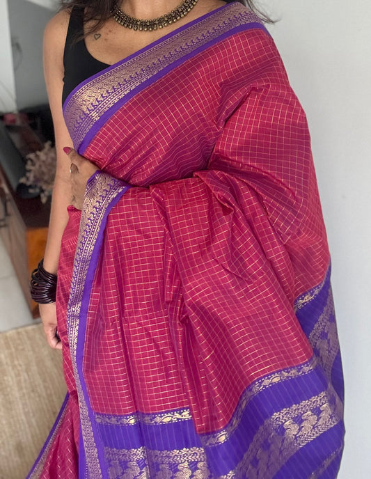 Berry pink with purple checkered saree, cotton silk - YCCOTNKCFE65
