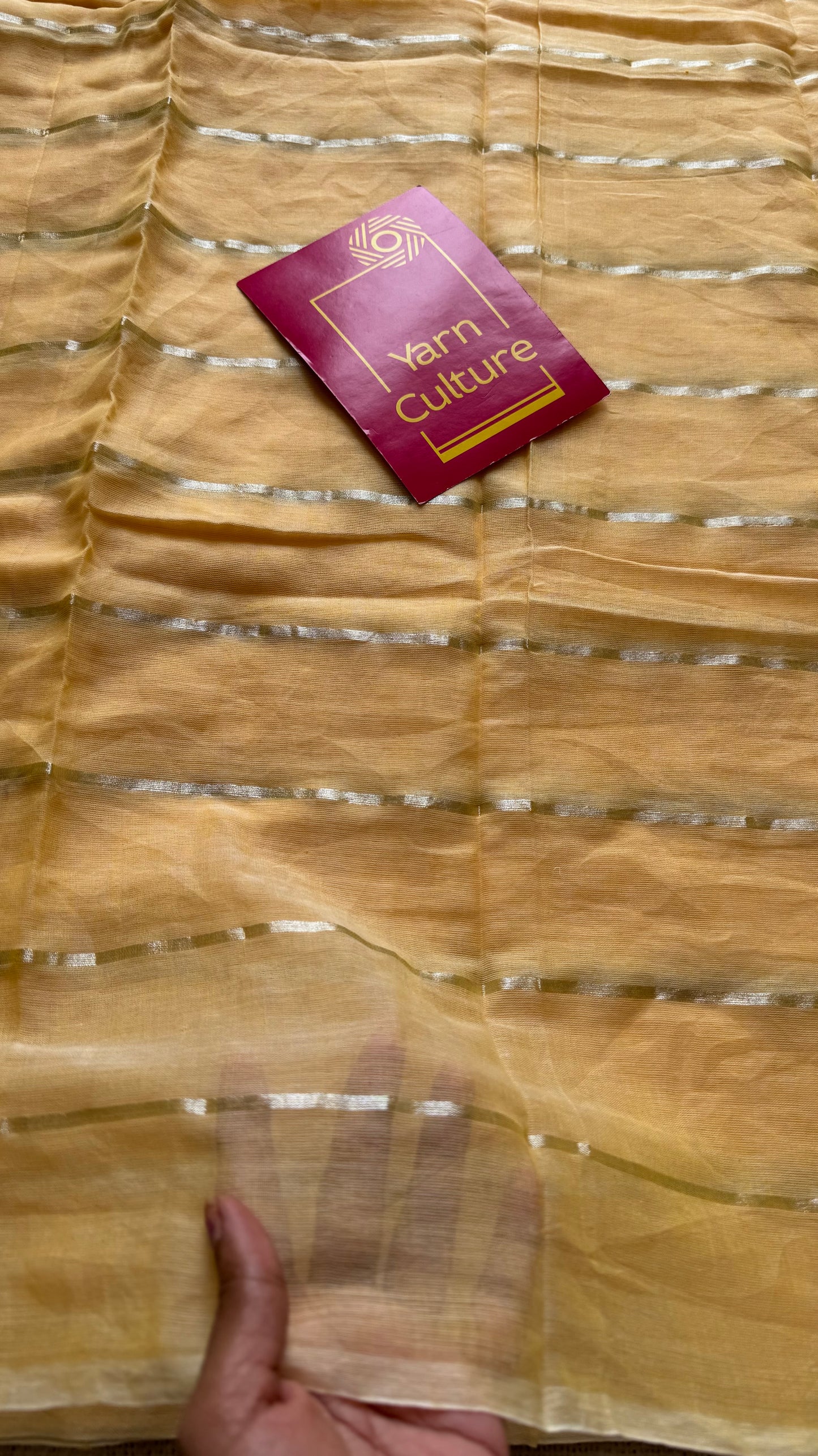 Musk Drizzle - pastel musk yellow with silver zari stripes, mul cotton - YCBCJULMS05