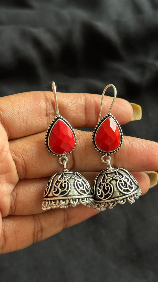 Oxidised silver hook earrings, red stone - YCOSED249