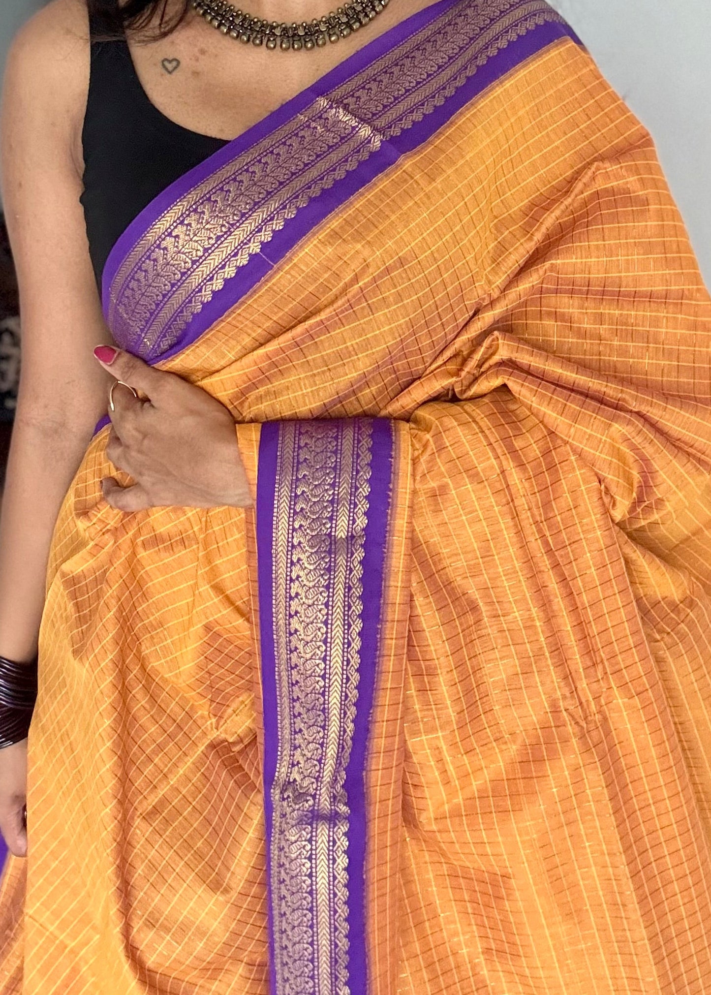 Yellowish orange with purple, checks - cotton silk - YCCOTNOCKC39
