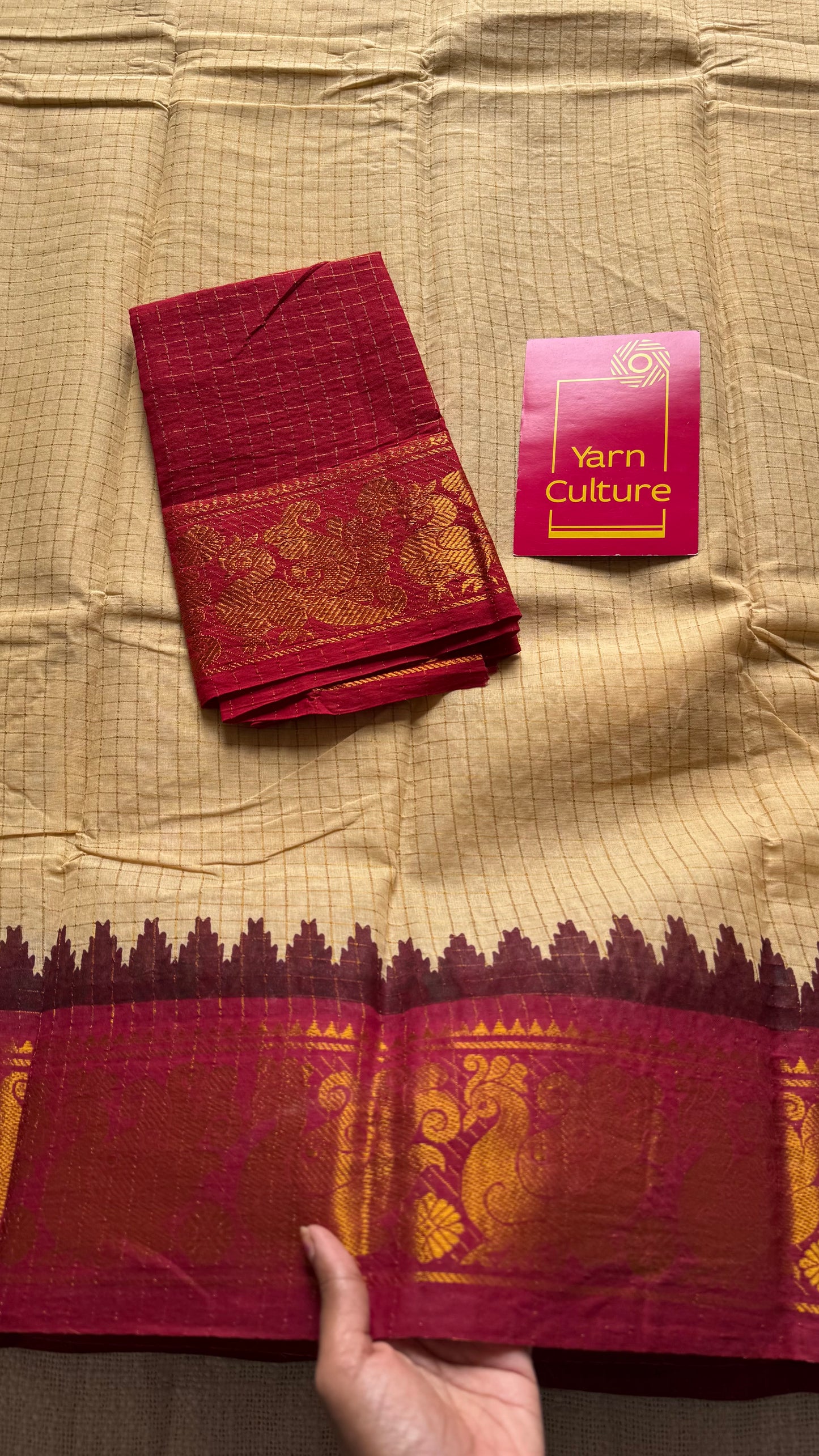 Blue - red sungudi cotton checks, sandal colour base, soft cotton - YCCOTNJSUN01