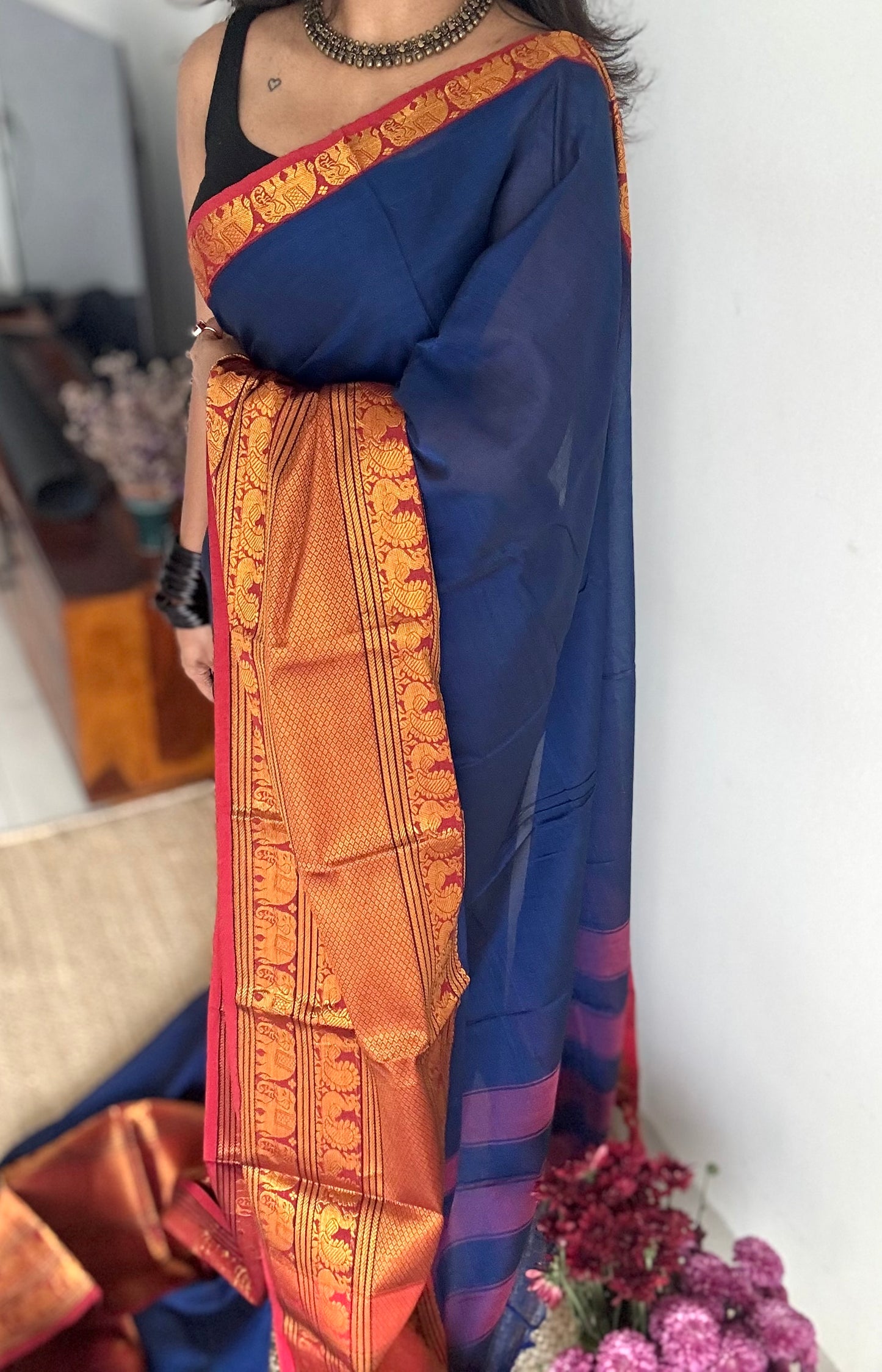 Blue with broad zari border, premium narayanpet, soft cotton - YCWOTDFEBB08