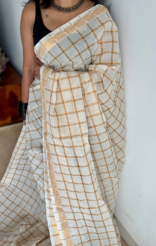 Ivory and gold, pavithra kattam checks, madurai soft cotton - YCCOTNAUS50
