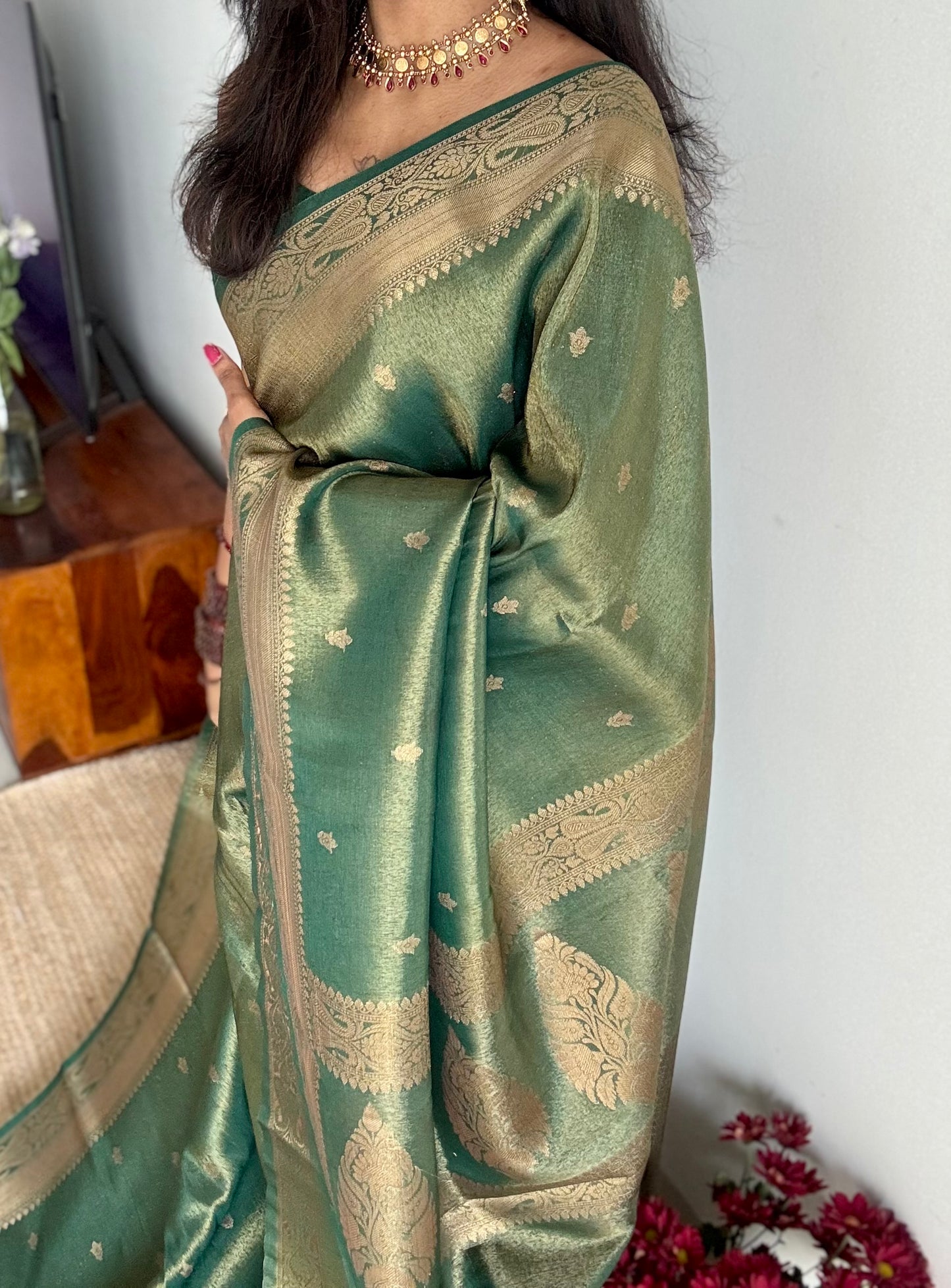 Green with gold dual tone, Banarasi semi-silk - YCDESE07