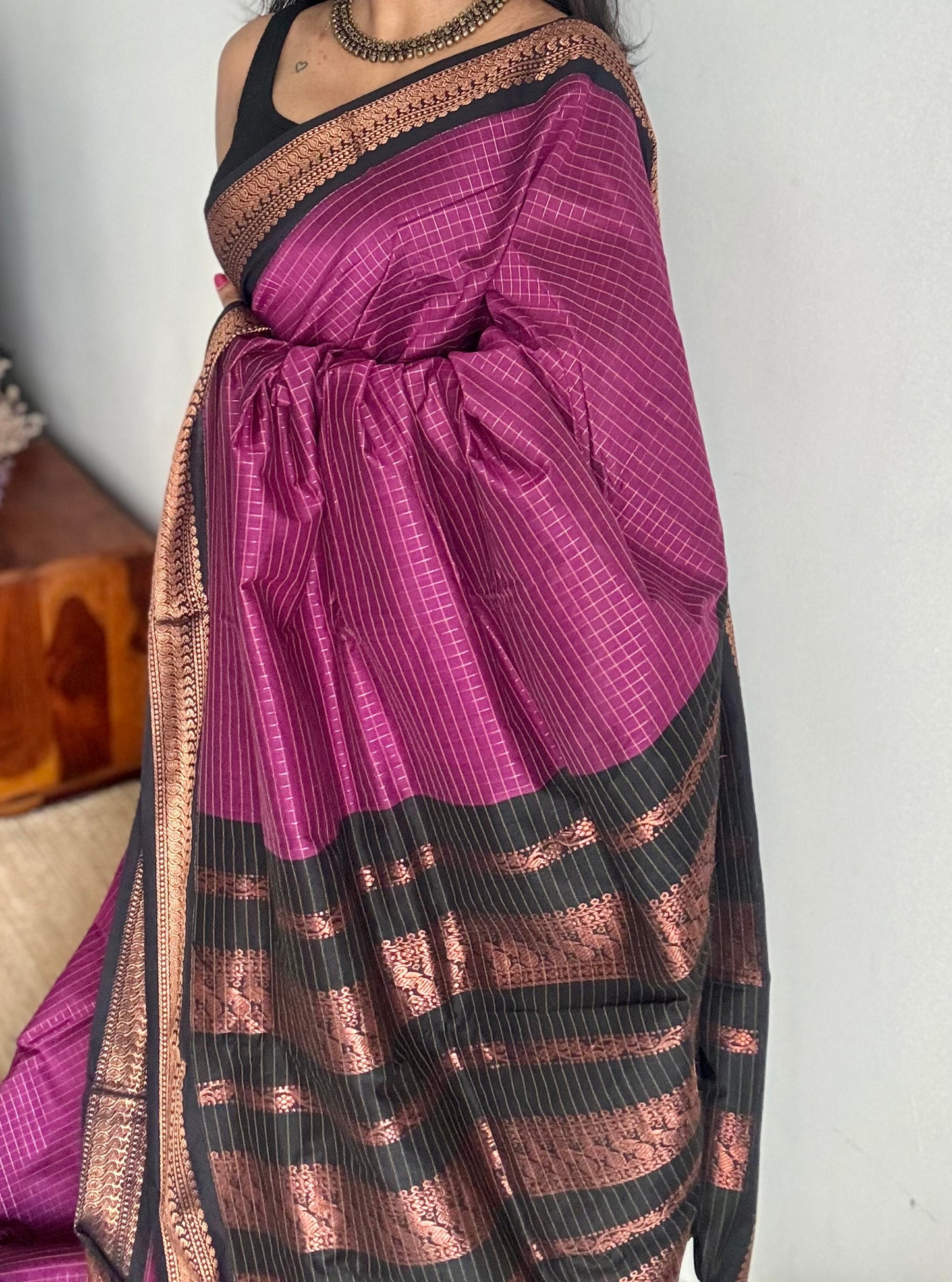 Dark pink with black, checks - cotton silk - YCCOTNOCKCS11