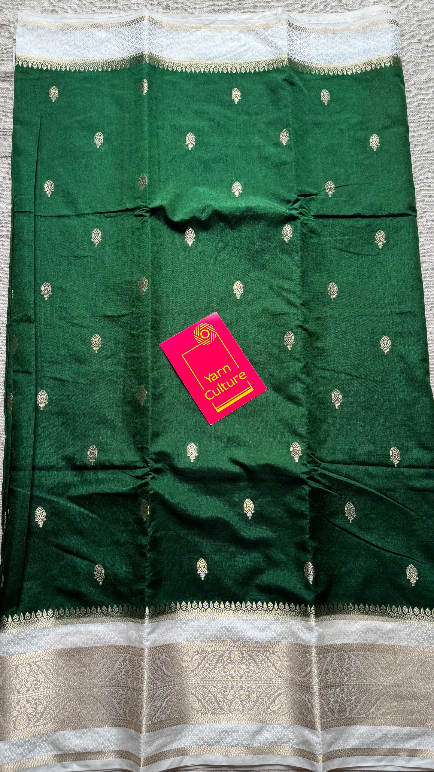 Dark green with cream border, Banarasi semi-silk - YCDESE01