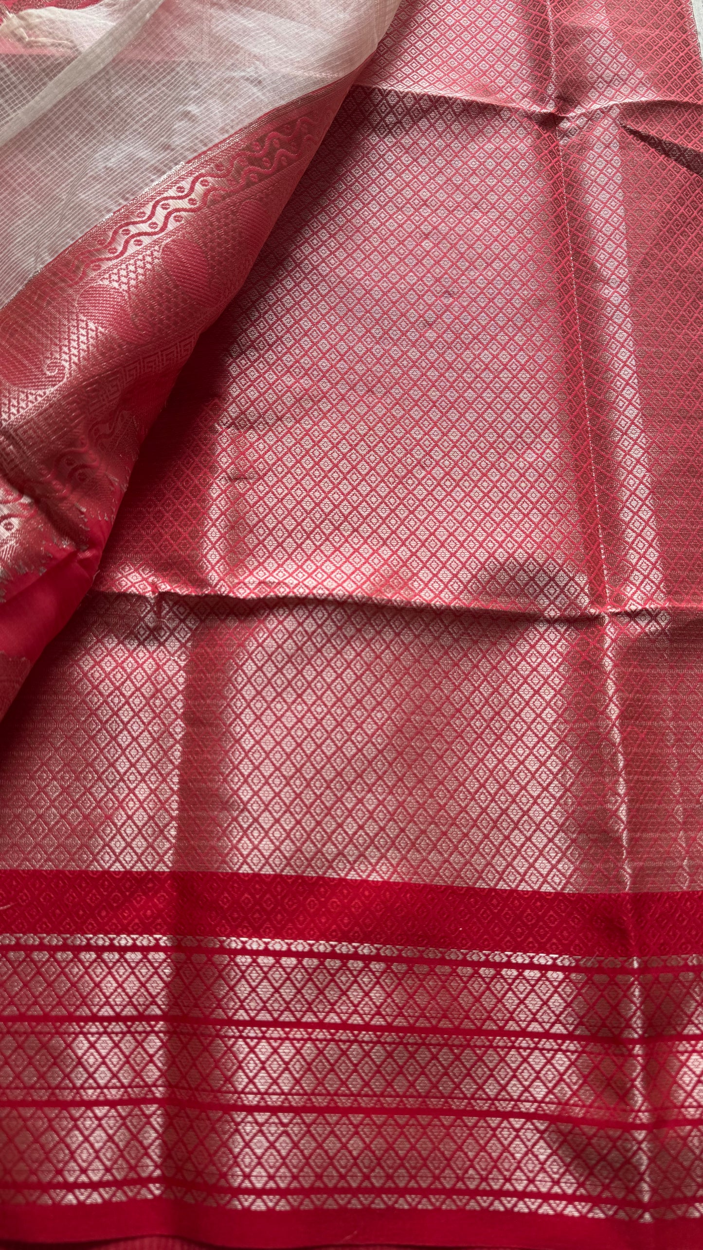 Cream with red contrast borders, kota doria with zari - YCBCDP15