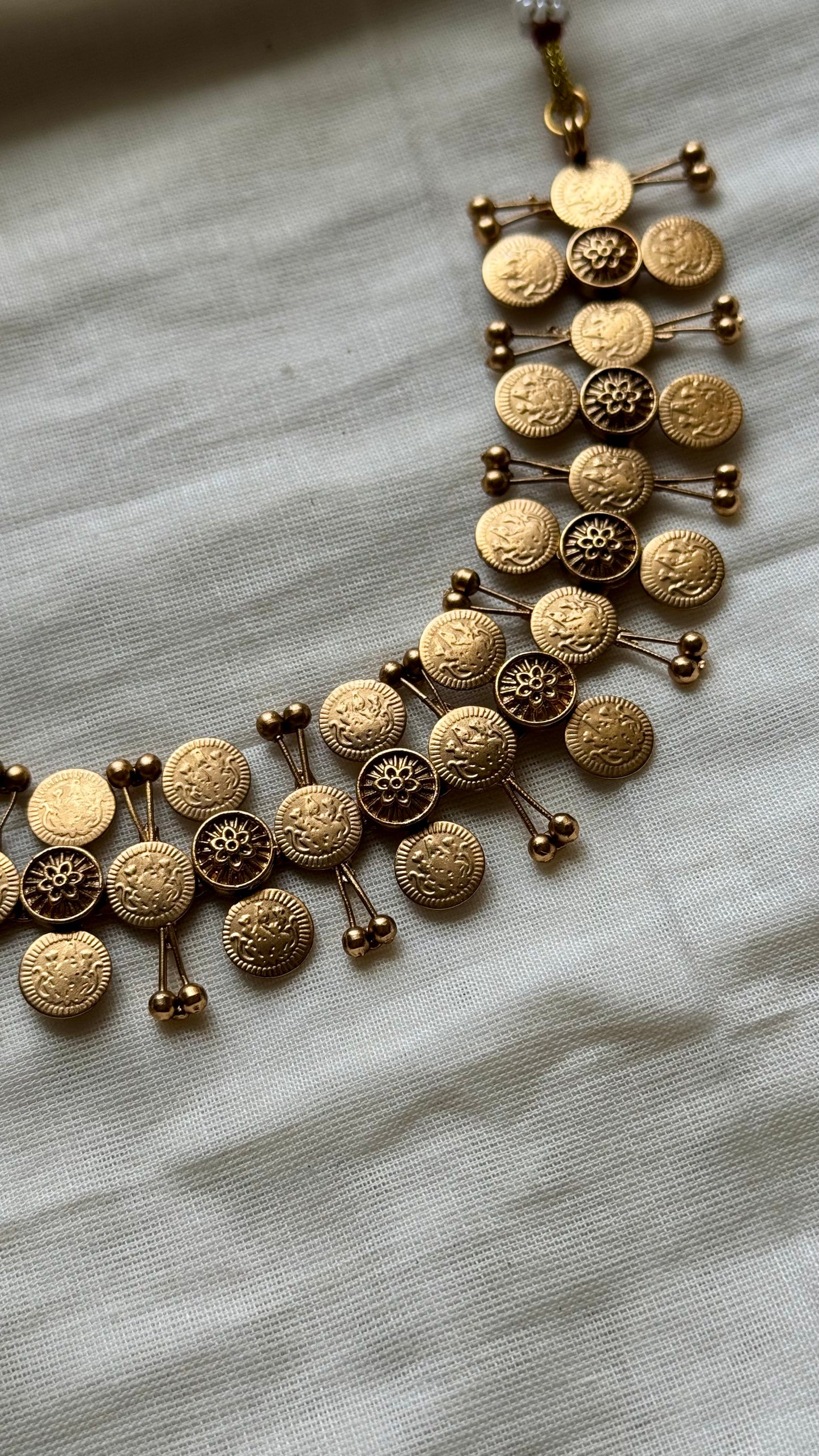 Antique gold three layered coin choker neckpiece, with earrings - YCAGNP260
