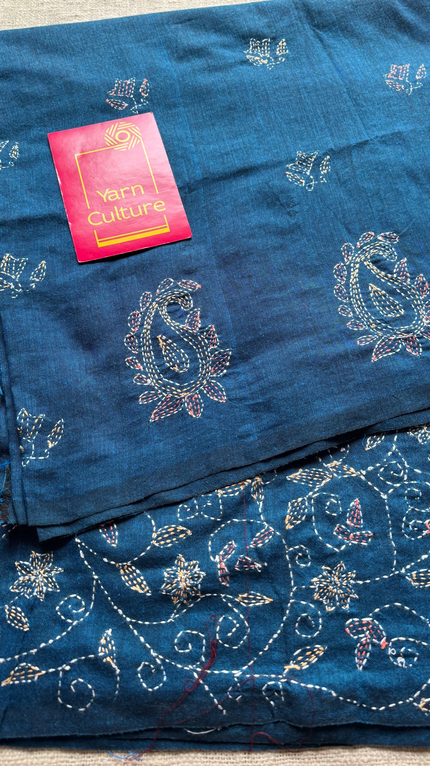 Morupankhi (মরুপঙ্খী) - Peacock Feather, peacock blue kantha weave in soft khadi cotton - YCBCSEKC06