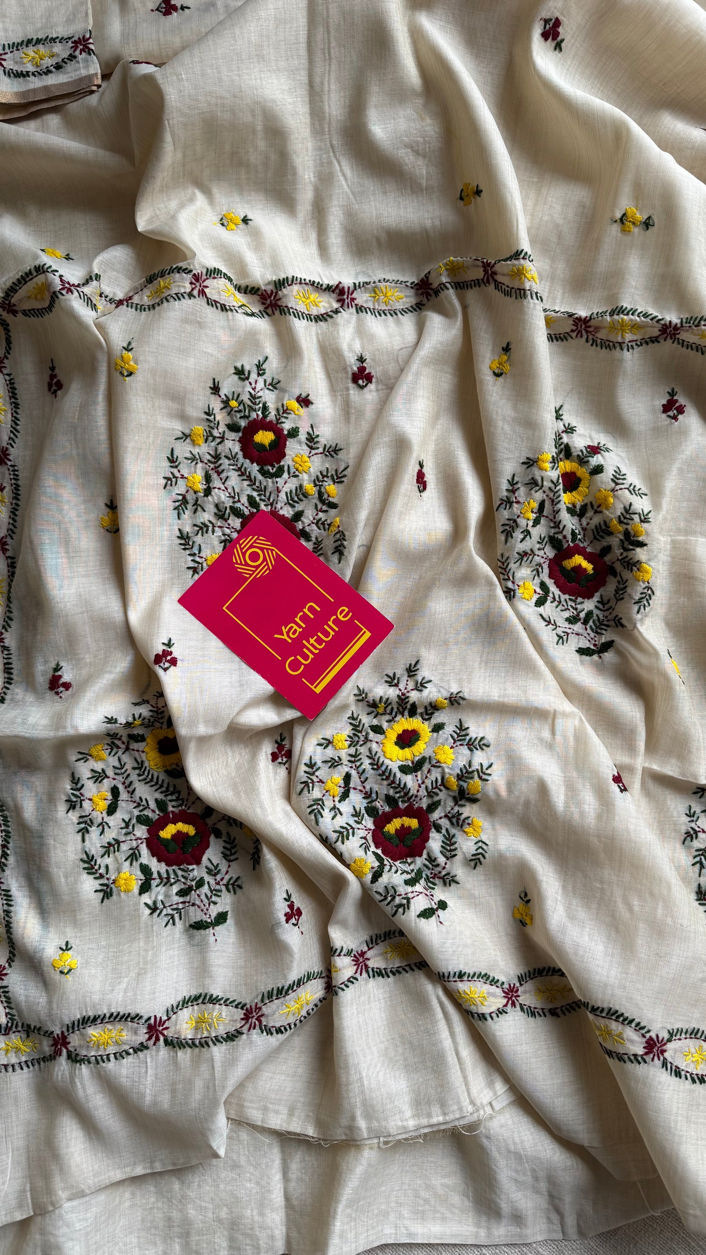 Ivory maheshwari cotton silk blend with yellow and maroon floral kantha threadwork - YCBLJULMK07