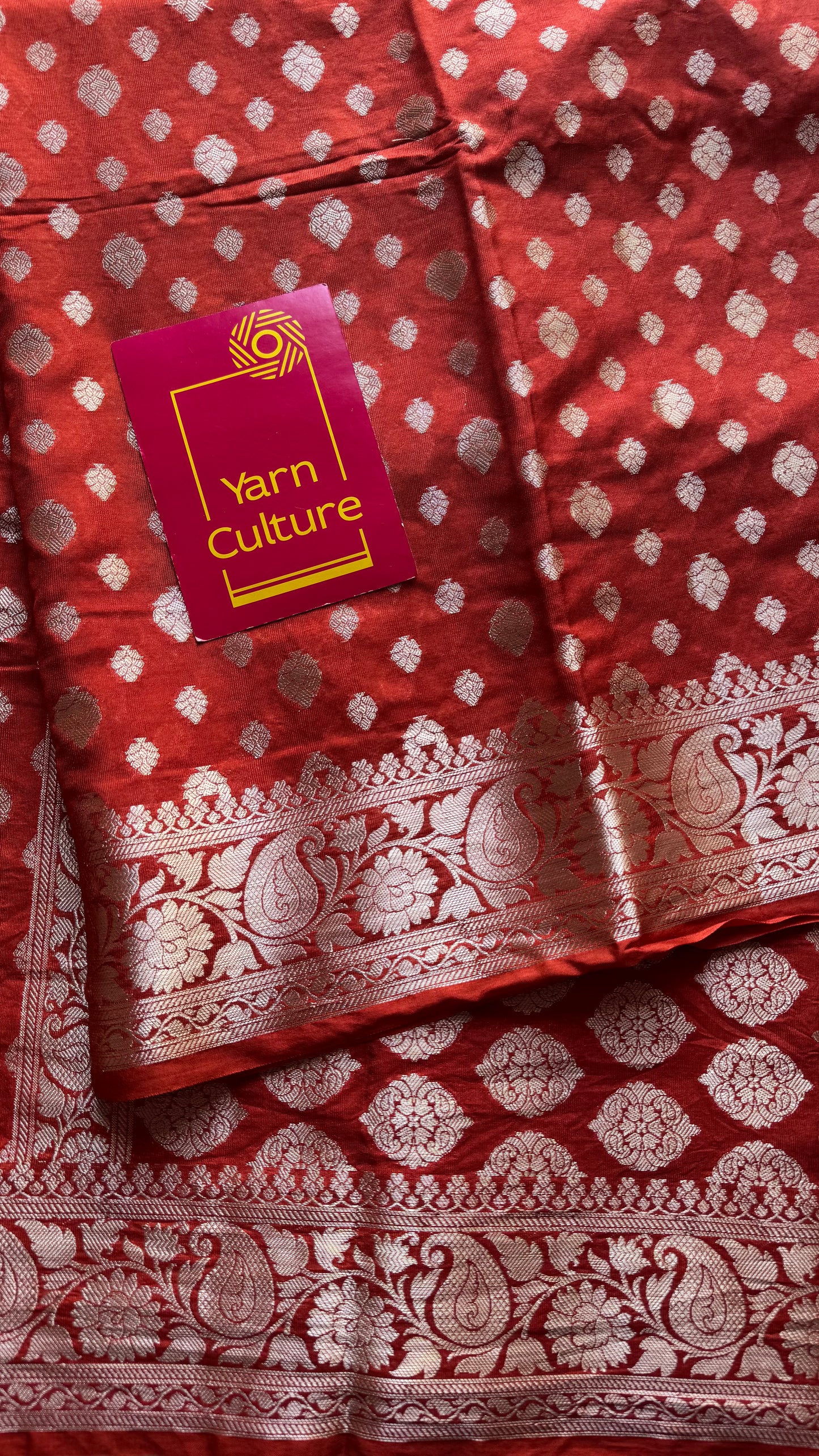 Burnt red, silver buttas and zari, Banarasi semi-silk - YCDESE36