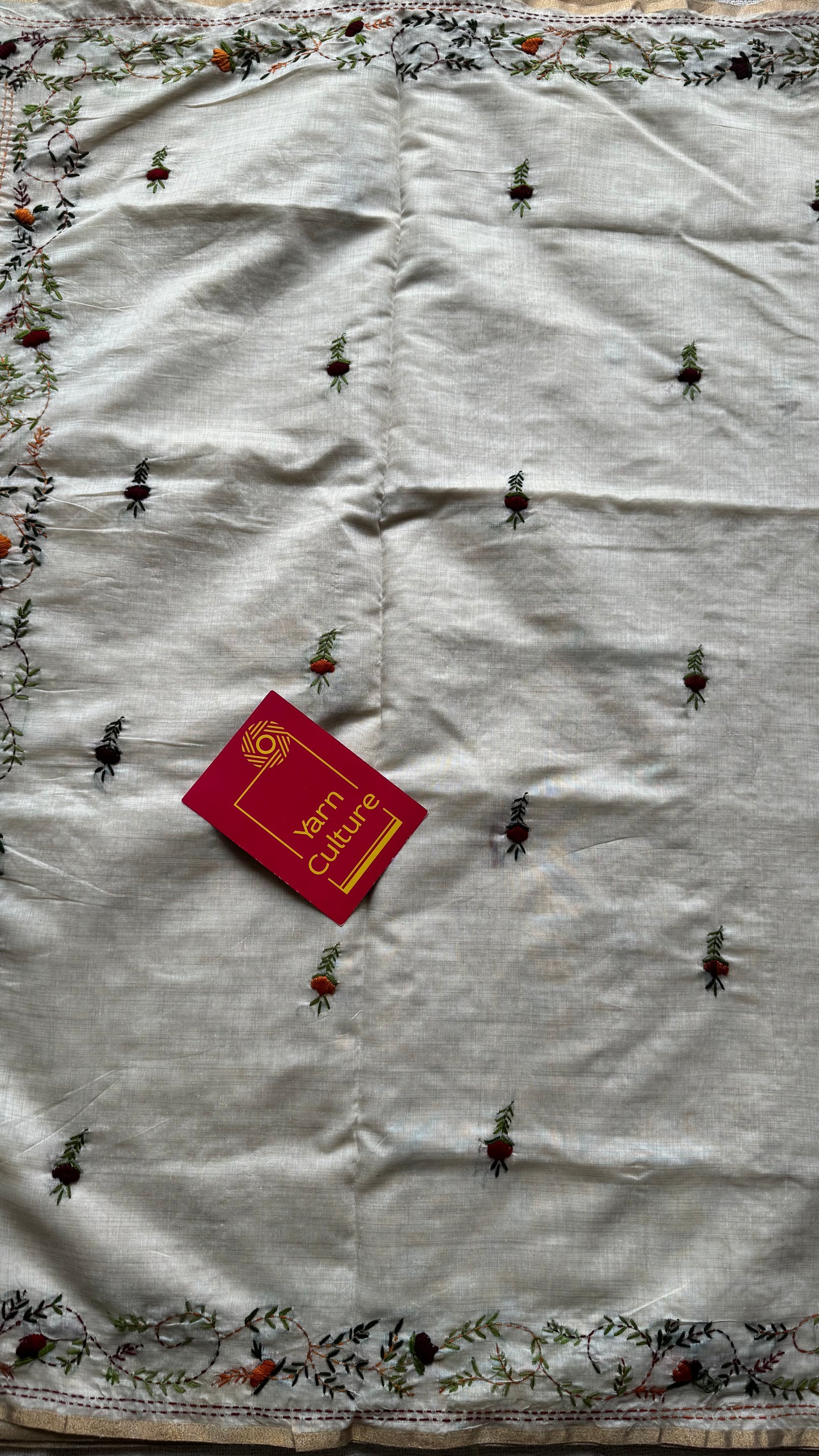 Ivory maheshwari cotton silk blend with deep maroon and orange floral kantha threadwork - YCBLJULMK04